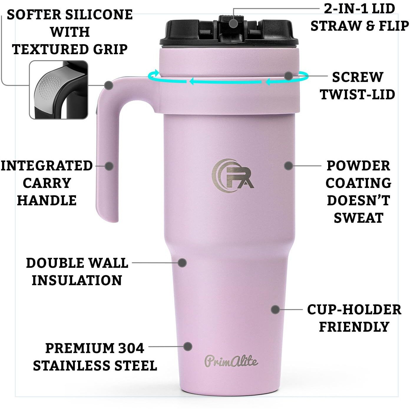 Primalite 1200Ml Stainless Steel Insulated Tumbler With Handle | 2-In-1 Straw & Flip Lid | 40Oz Travel Mug Bottle For Hot, Cold Drink | Fits In Car Cupholder For Water, Iced Tea, Coffee- Lavender Mist