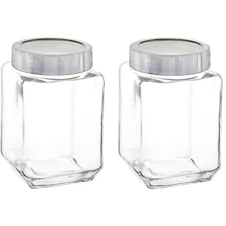 Vency Piramal Glass Cubical Square Transparent Glass Jar With Lid & Containers For Kitchen Pantry, Snacks, Masala, Jams, Pickles, Cookies, Dry Fruits, Coffee Beans Storage With Lid, 1.8 Ltr, Set Of 2
