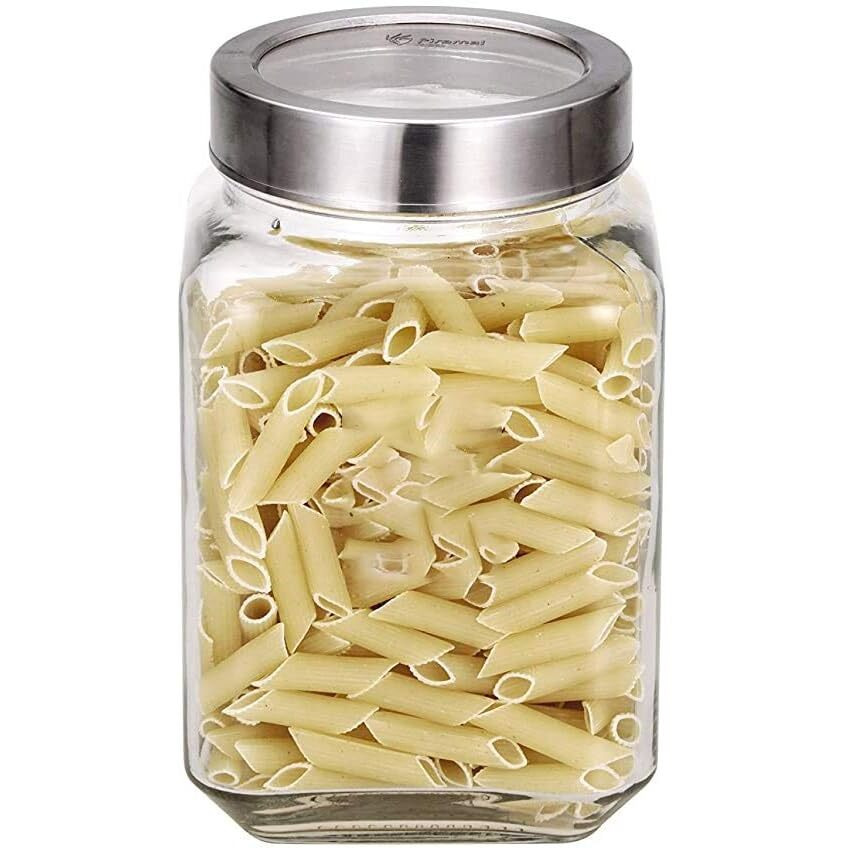 Vency Piramal Glass Cubical Square Transparent Glass Jar With Lid & Containers For Kitchen Pantry, Snacks, Masala, Jams, Pickles, Cookies, Dry Fruits, Coffee Beans Storage With Lid, 1.8 Ltr, Set Of 2