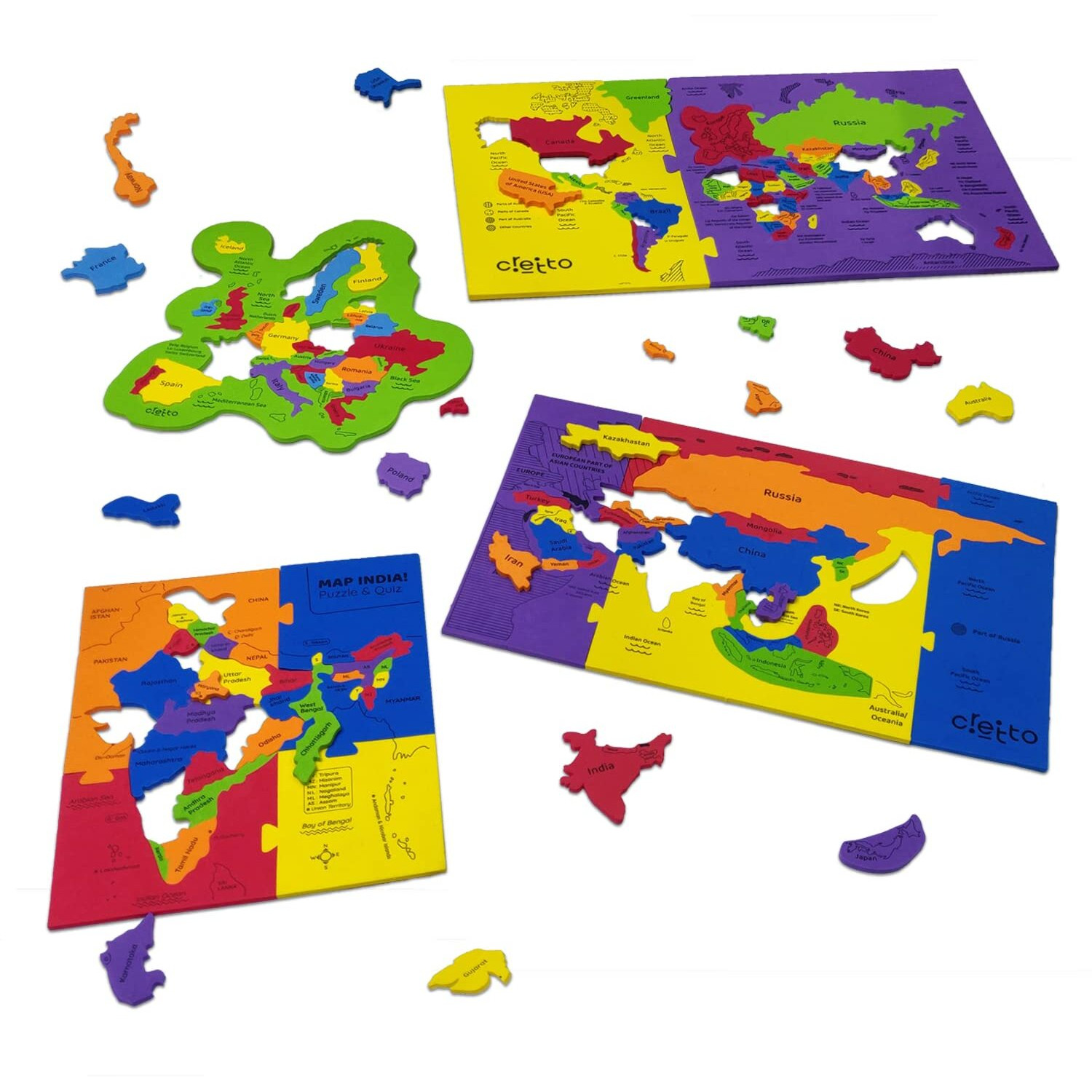 Cretto 4 In 1 Combo With World, Europe, Asia & India Map For Kids - Jigsaw Puzzle Set, Boys & Girls Birthday Gift, Educational Game, Ages 5+ Years, Learning Toys | Educational Toys For Kids |