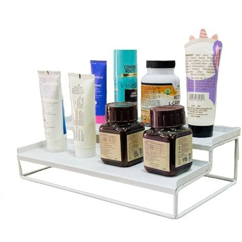 Go Hooked Metal Standing Rack 2-Tier Countertop Organizer | Spices Organizer | Bathroom Essentials | Vanity Storage | Decorative Use | Cosmetic Makeup Storage (White, Pack Of 1)