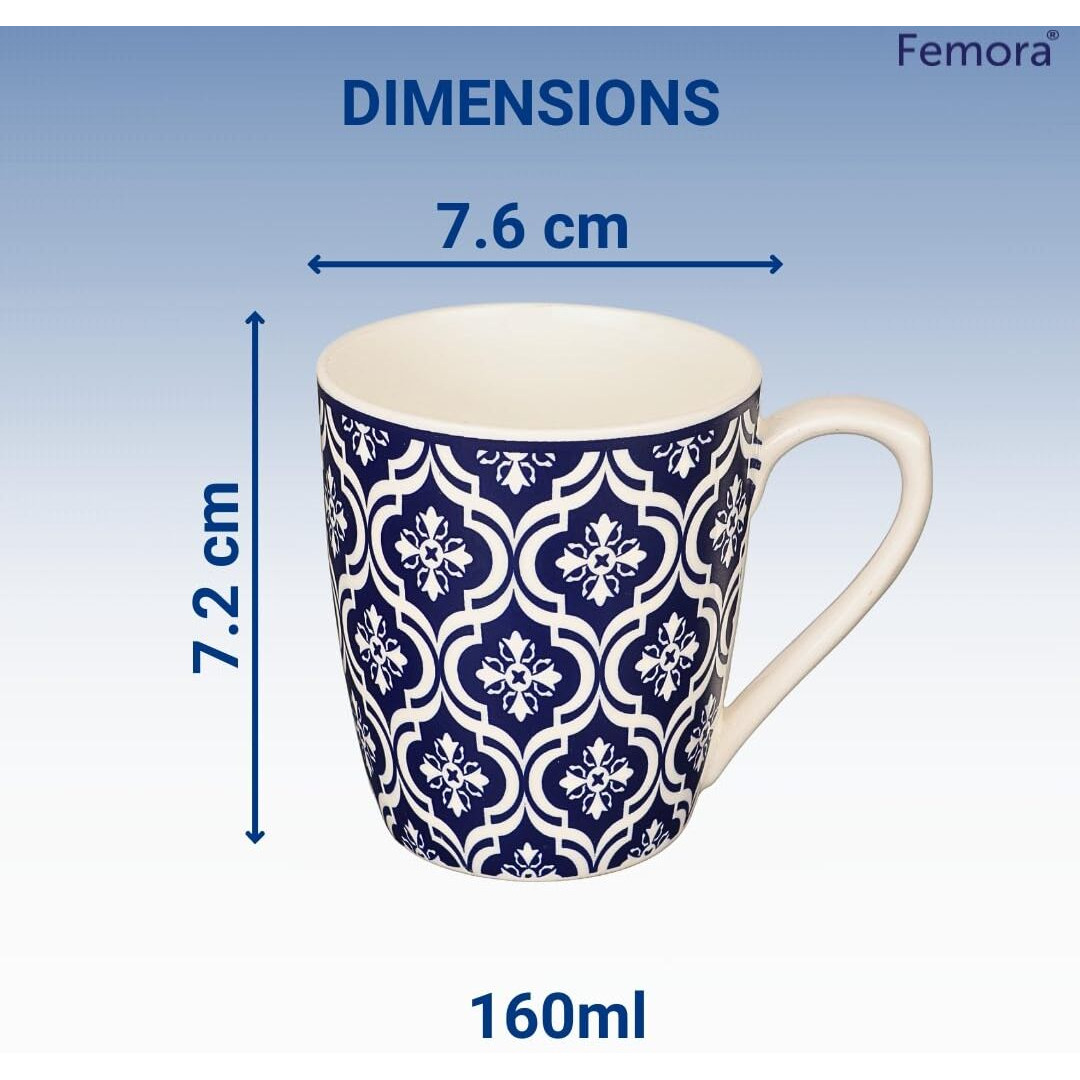 Femora Block Print Blue Coffee & Tea Cup Set Of 6, 160 Ml, Microwave Safe, Ceramic