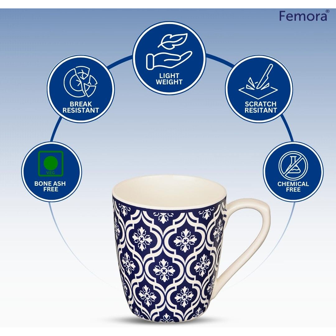 Femora Block Print Blue Coffee & Tea Cup Set Of 6, 160 Ml, Microwave Safe, Ceramic