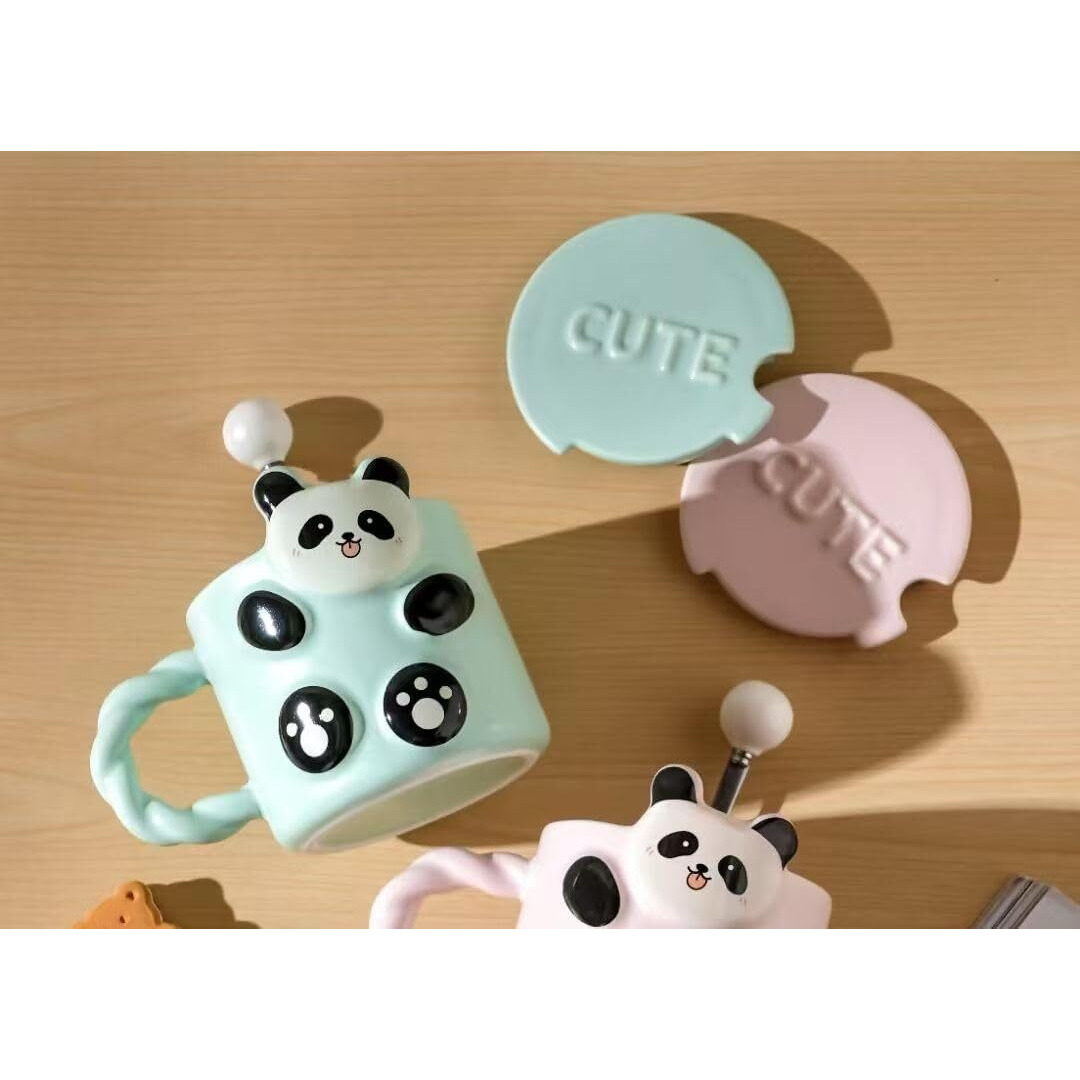 Vasukie Panda Coffee Mug With Lid & Glass Spoon, Mugs For Coffee, Rakhi For Brother, Birthday Gift, Ceramic Mug, 3D Panda Coffee Mug (420Ml  Panda White) (Green Panda Mug)