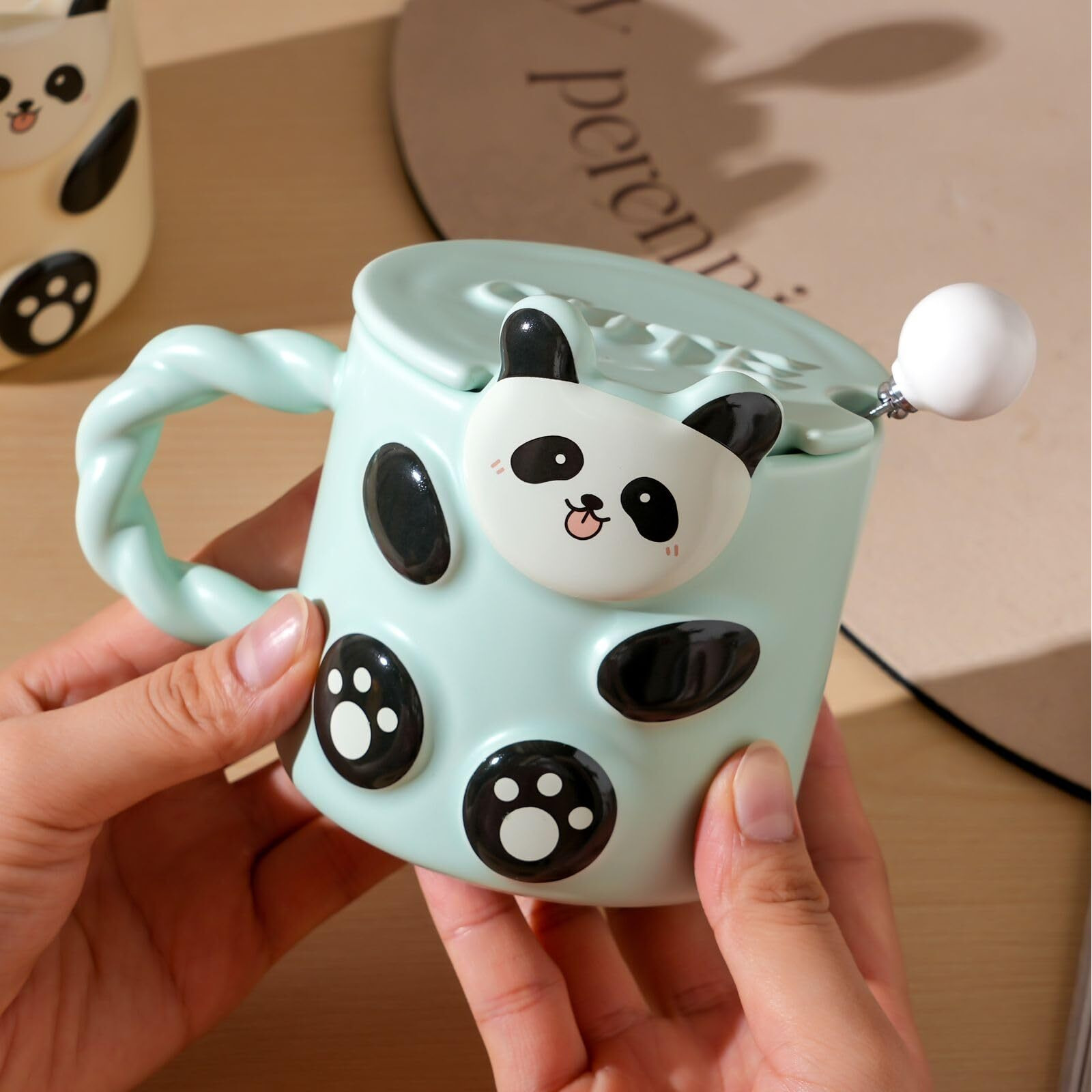 Vasukie Panda Coffee Mug With Lid & Glass Spoon, Mugs For Coffee, Rakhi For Brother, Birthday Gift, Ceramic Mug, 3D Panda Coffee Mug (420Ml  Panda White) (Green Panda Mug)