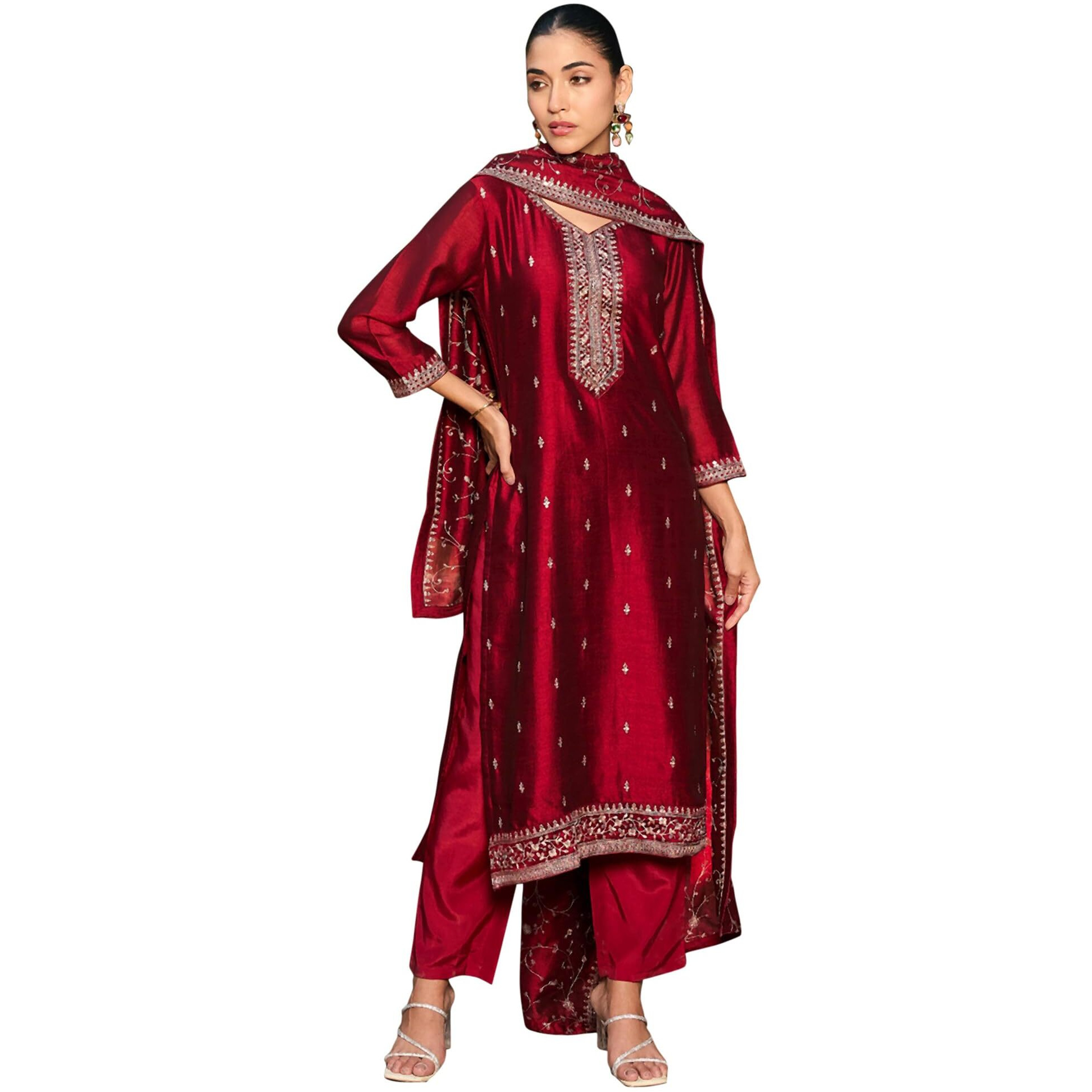 Indo Era Women's Silk Blend Embroidered Calf Length Straight Kurta And Pant With Dupatta Set (Kh9Mr6132_Medium), Maroon
