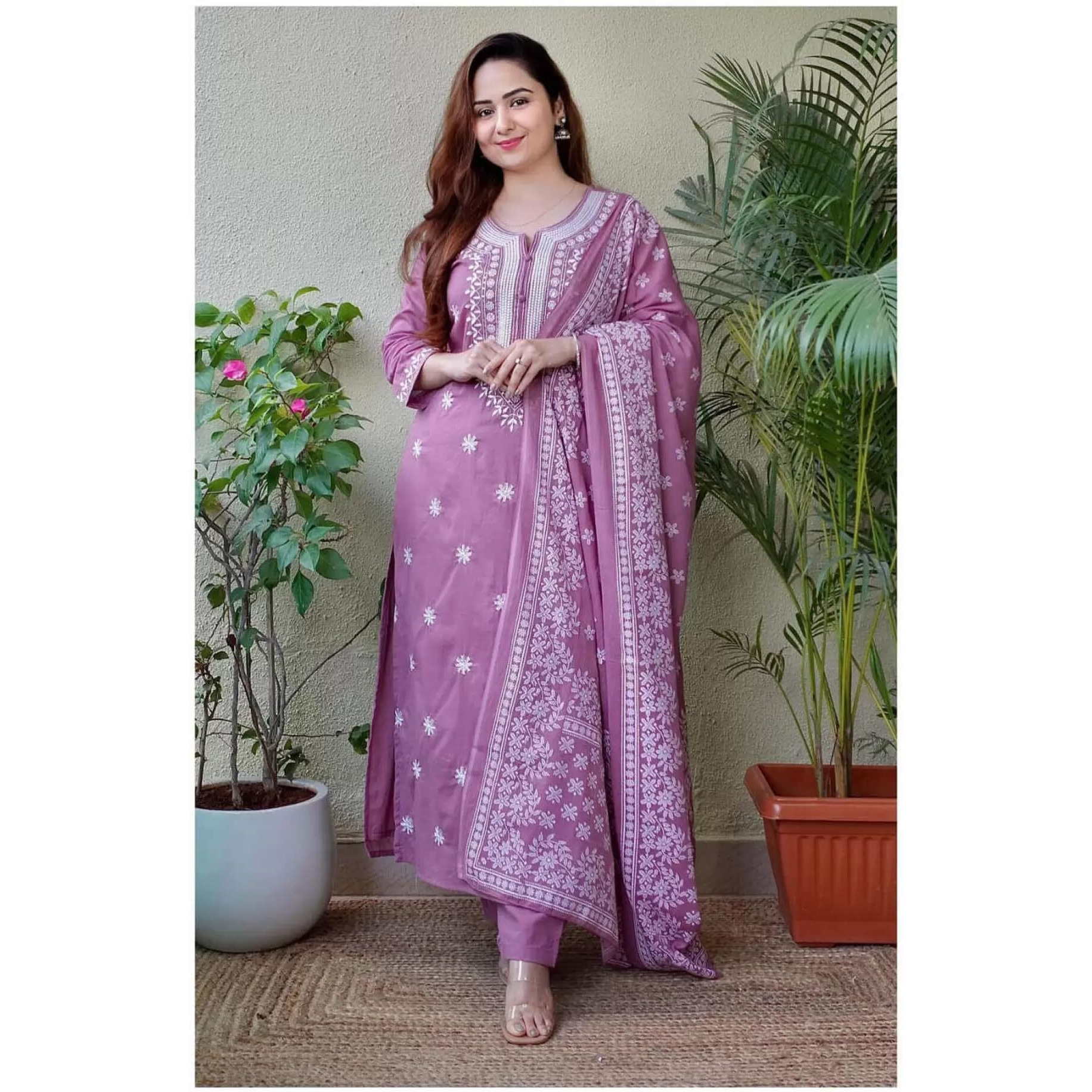 Royal Export Women's Viscose Floral Embroidered Straight Kurta Pant With Dupatta (Rx53_Purple_S)