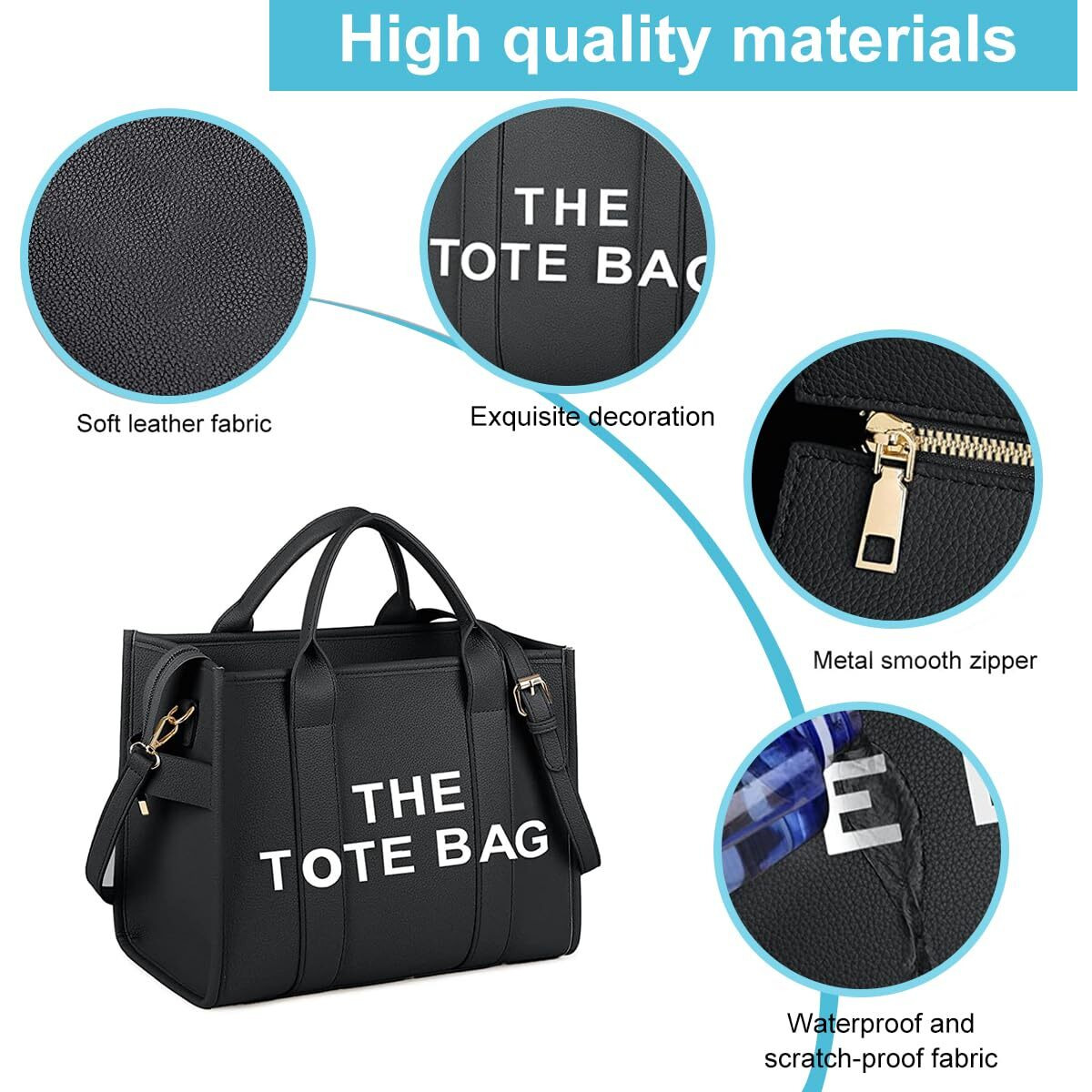 Palay Tote Bag For Women Big Size Stylish Pu Leather With Adjustable & Detachable Shoulder Belt Large Capacity Crossbody Bags Handbag Purse For Office, Black