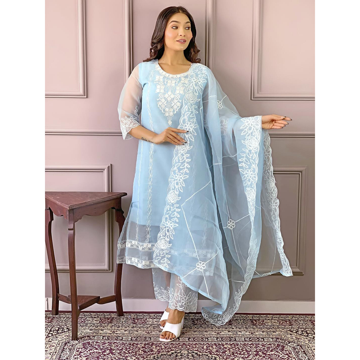 Naixa Women's Sky Organza With Crepe Linnig Embroidered Straight Kurta With Organza Pant And Organza Laced Dupatta Sets (Nx-466-Sky-Xxl)