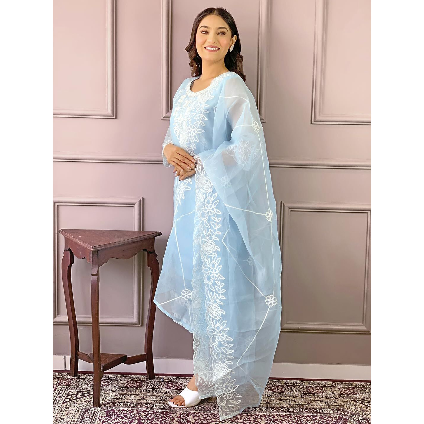 Naixa Women's Sky Organza With Crepe Linnig Embroidered Straight Kurta With Organza Pant And Organza Laced Dupatta Sets (Nx-466-Sky-Xxl)