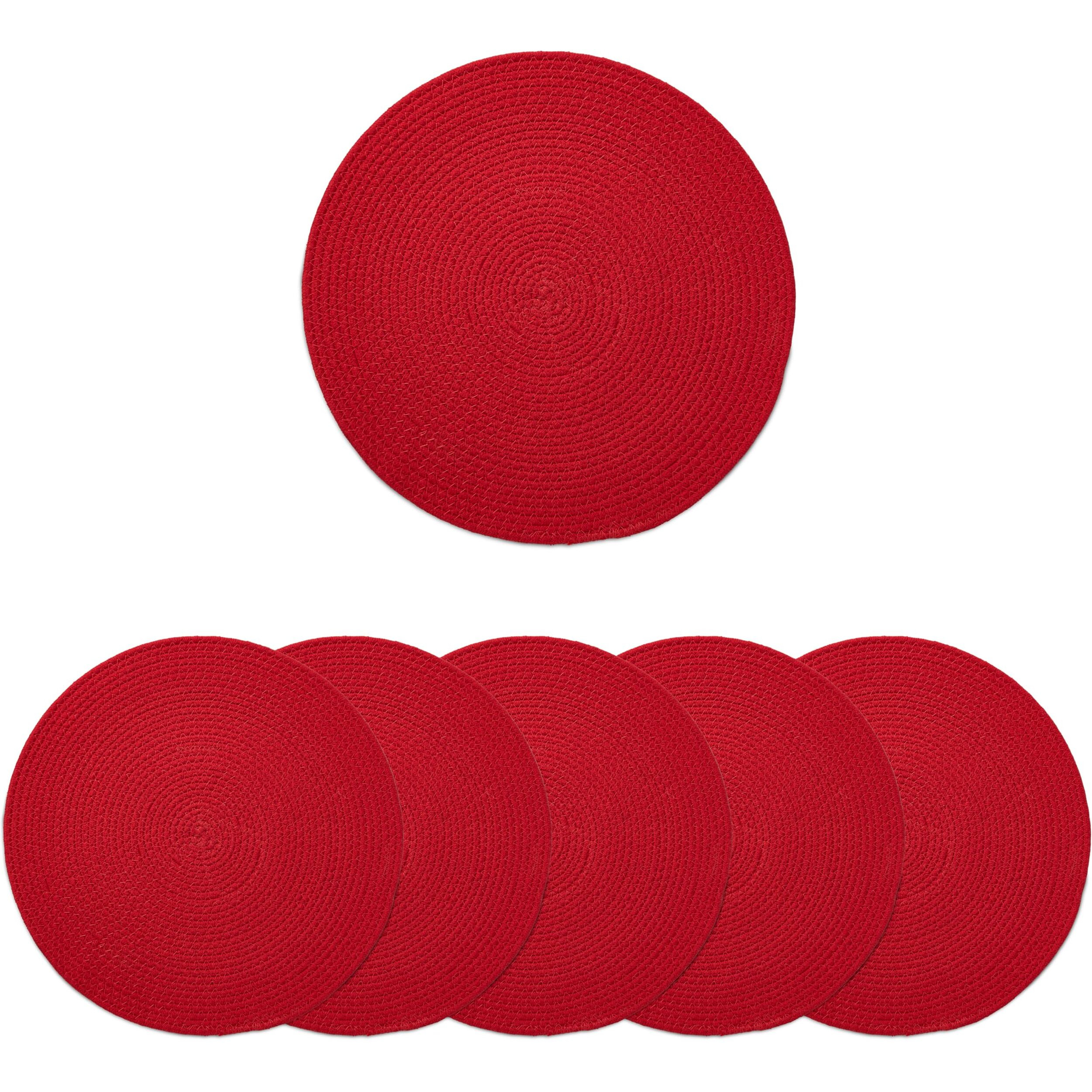 Encasa Xo Dining Table Mats Set Of 6 | Cotton Round Placemat - 33 Cm Diameter | Red | Handmade Rib Style