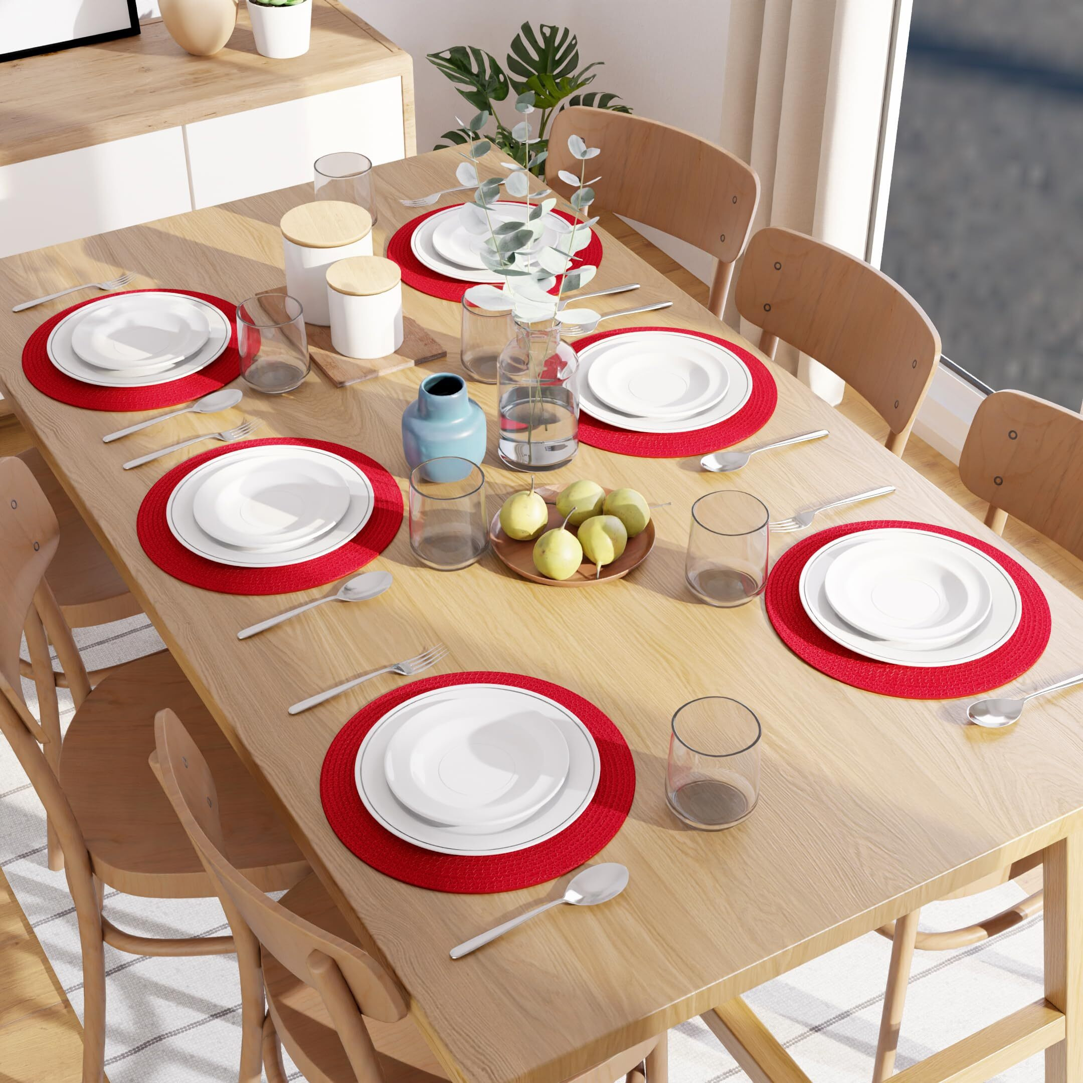Encasa Xo Dining Table Mats Set Of 6 | Cotton Round Placemat - 33 Cm Diameter | Red | Handmade Rib Style