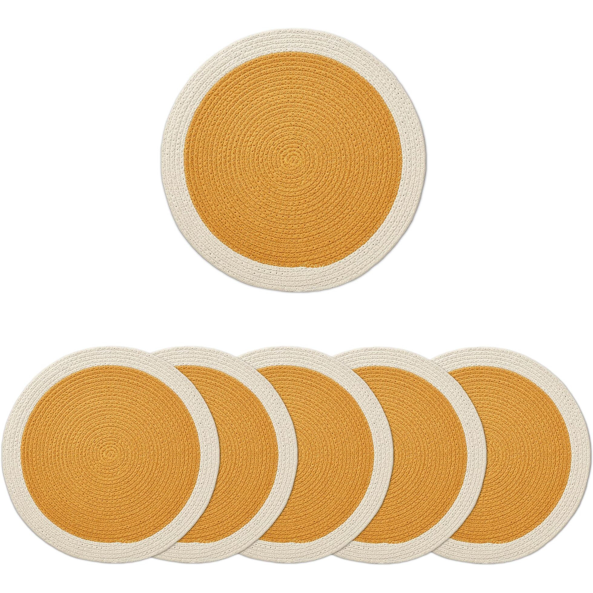 Encasa Xo Dining Table Mats Set Of 6 | Cotton Round Placemat - 33 Cm Diameter | Yellow & Off White | Handmade Rib Style