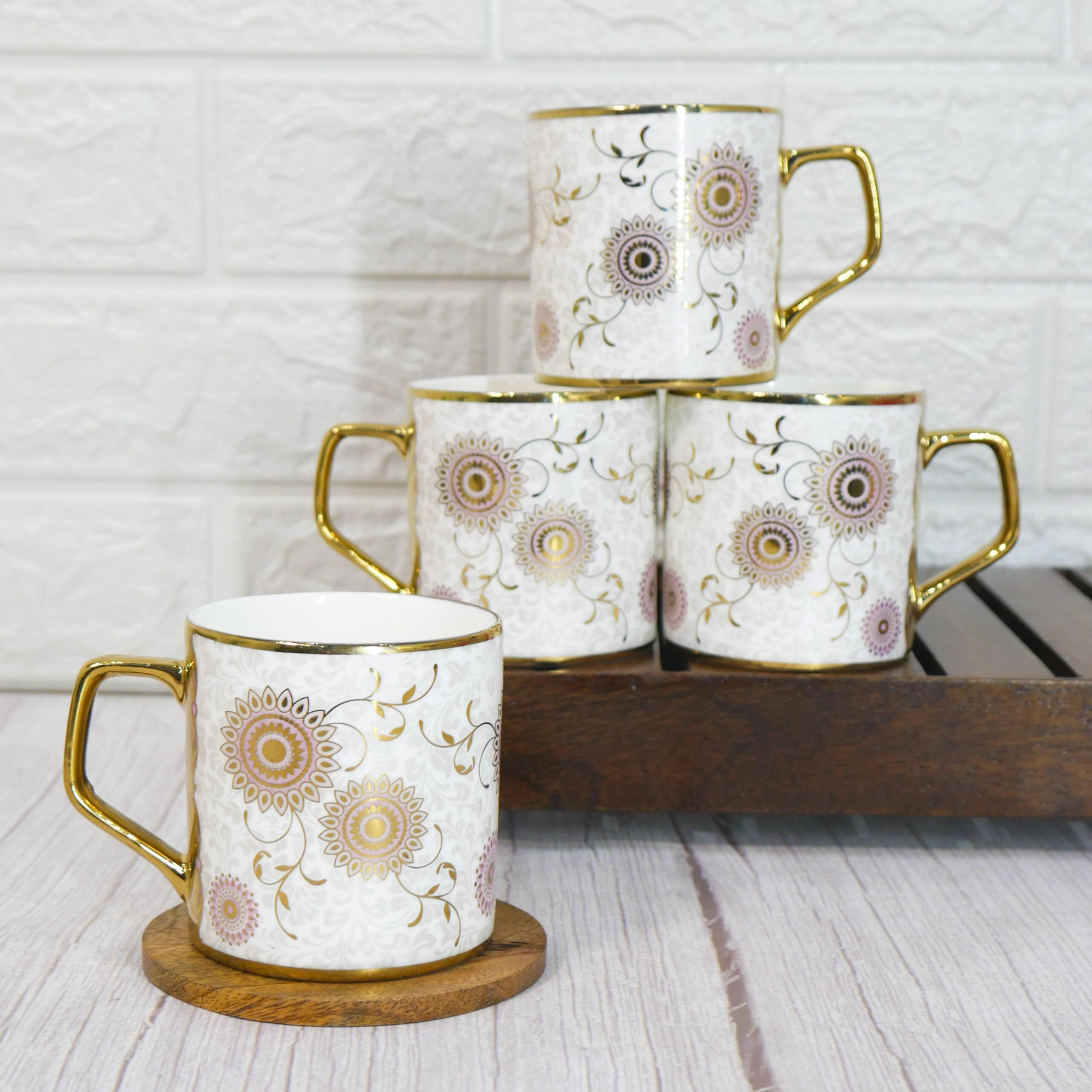 Femora Premium Gold Mandala Print Design Ceramic Coffee & Tea Cup Set Of 4, 180 Ml
