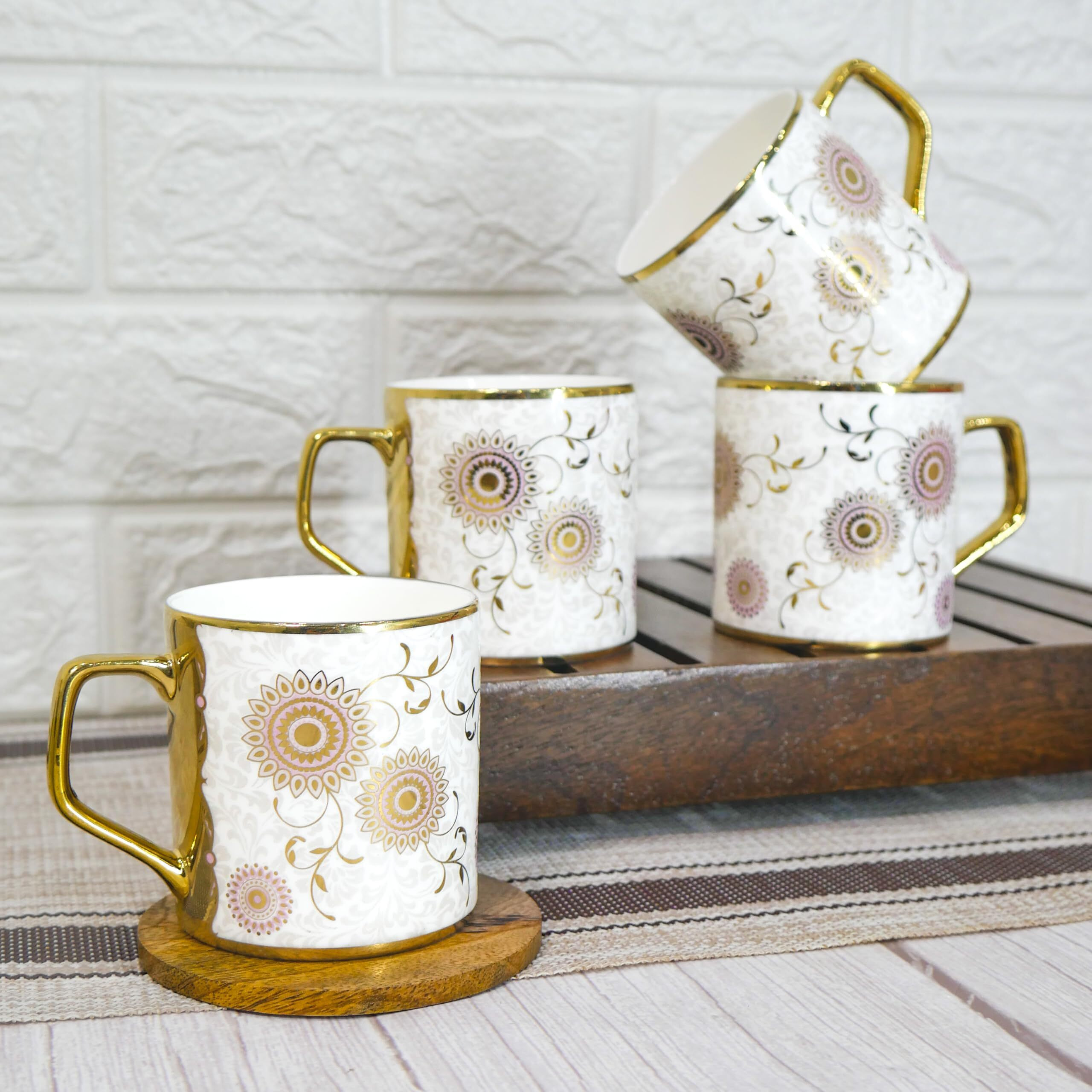 Femora Premium Gold Mandala Print Design Ceramic Coffee & Tea Cup Set Of 4, 180 Ml