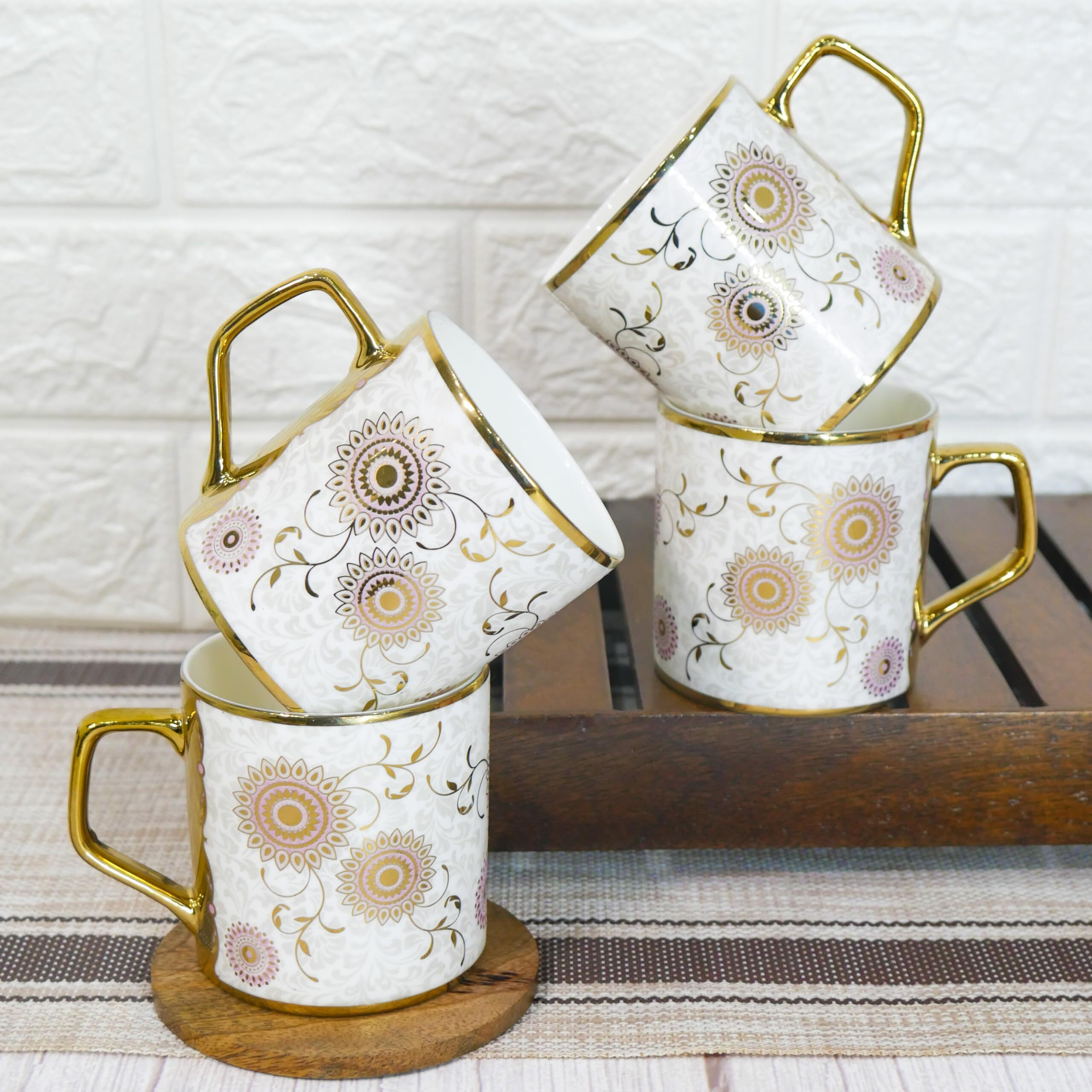 Femora Premium Gold Mandala Print Design Ceramic Coffee & Tea Cup Set Of 4, 180 Ml