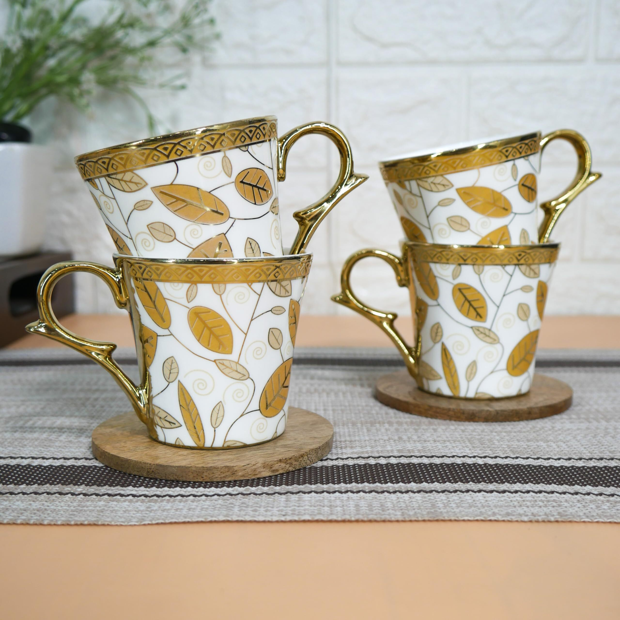 Femora Premium Gold Orange Traditional Leaf Pattern Design Ceramic Coffee & Tea Cup Set Of 4, 160 Ml
