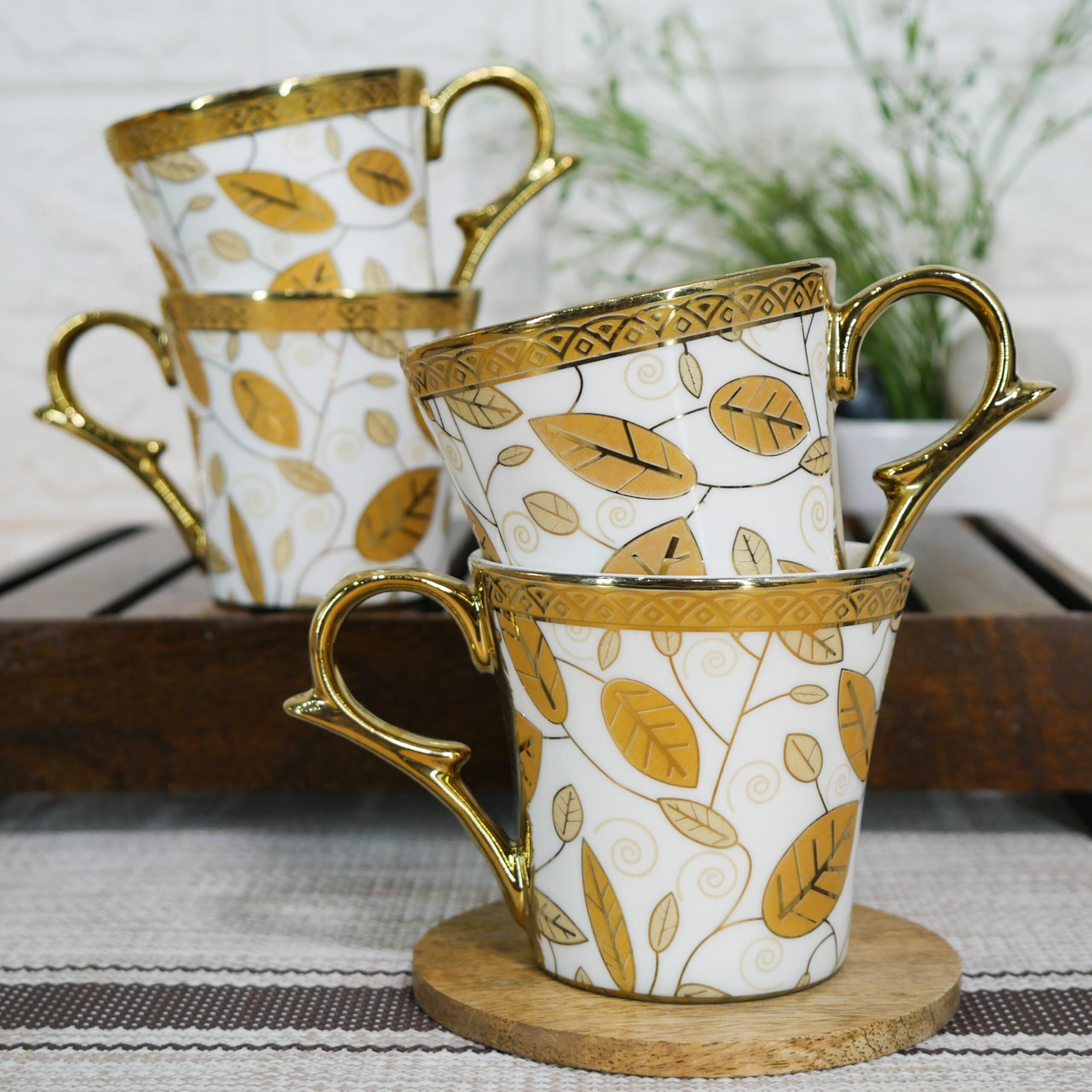Femora Premium Gold Orange Traditional Leaf Pattern Design Ceramic Coffee & Tea Cup Set Of 4, 160 Ml
