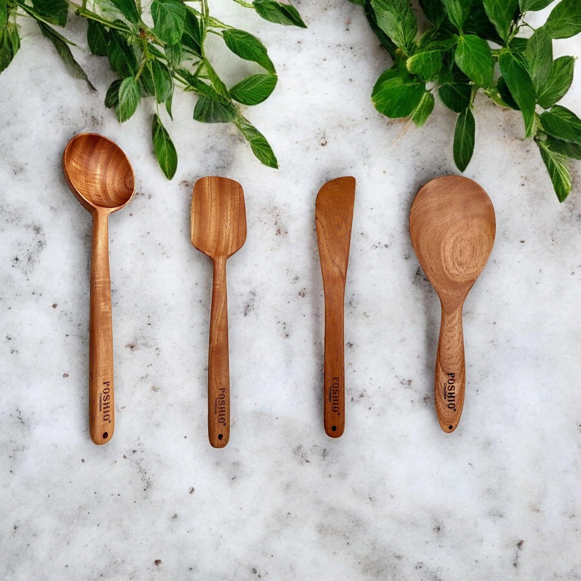 Poshio Wooden Spatulas Set For Kitchen | Neem Wood Turner/Spatula/Ladle For Cooking & Serving | Kitchen Tools | No Harmful Polish | Naturally Antibacterial, Handmade