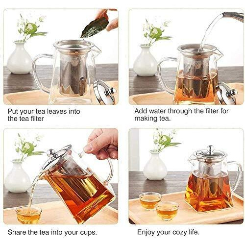 Ankul Borosilicate Square Glass Tea Pot With Heat Resistant Stainless Steel Infuser Perfect For Tea And Coffee Maker, Clear Glass Kettle (550 Ml, Square)