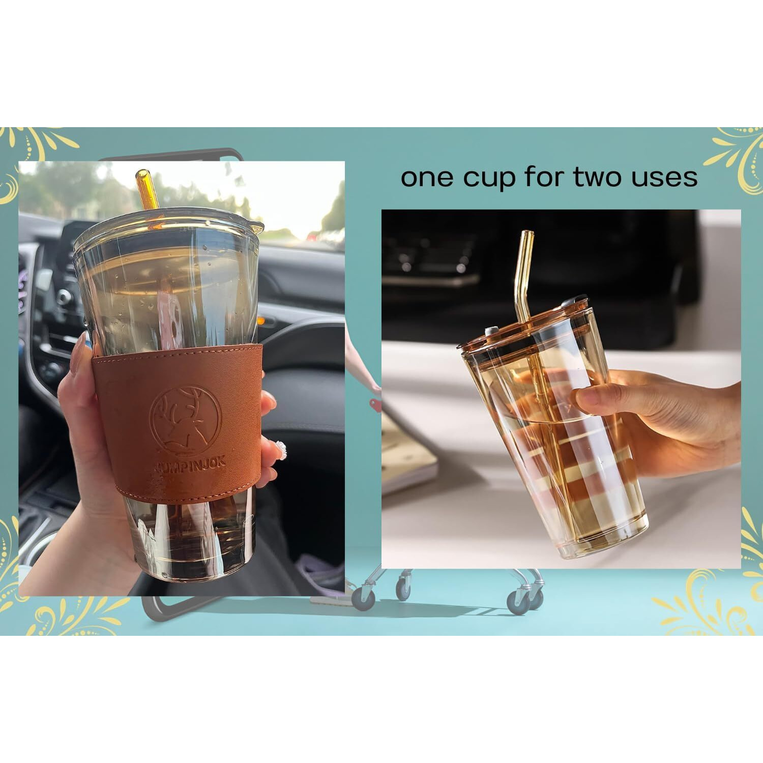 Kikiluxxa Glass Reusable Sipper Bottle With Leather Sleeve Glass Coffee Mug With Silicone Straw And Leakproof Lid Tumbler For Coffee,Tea, Milk Beverages 400Ml - Pack Of 2 (Pritaxo Bnw)