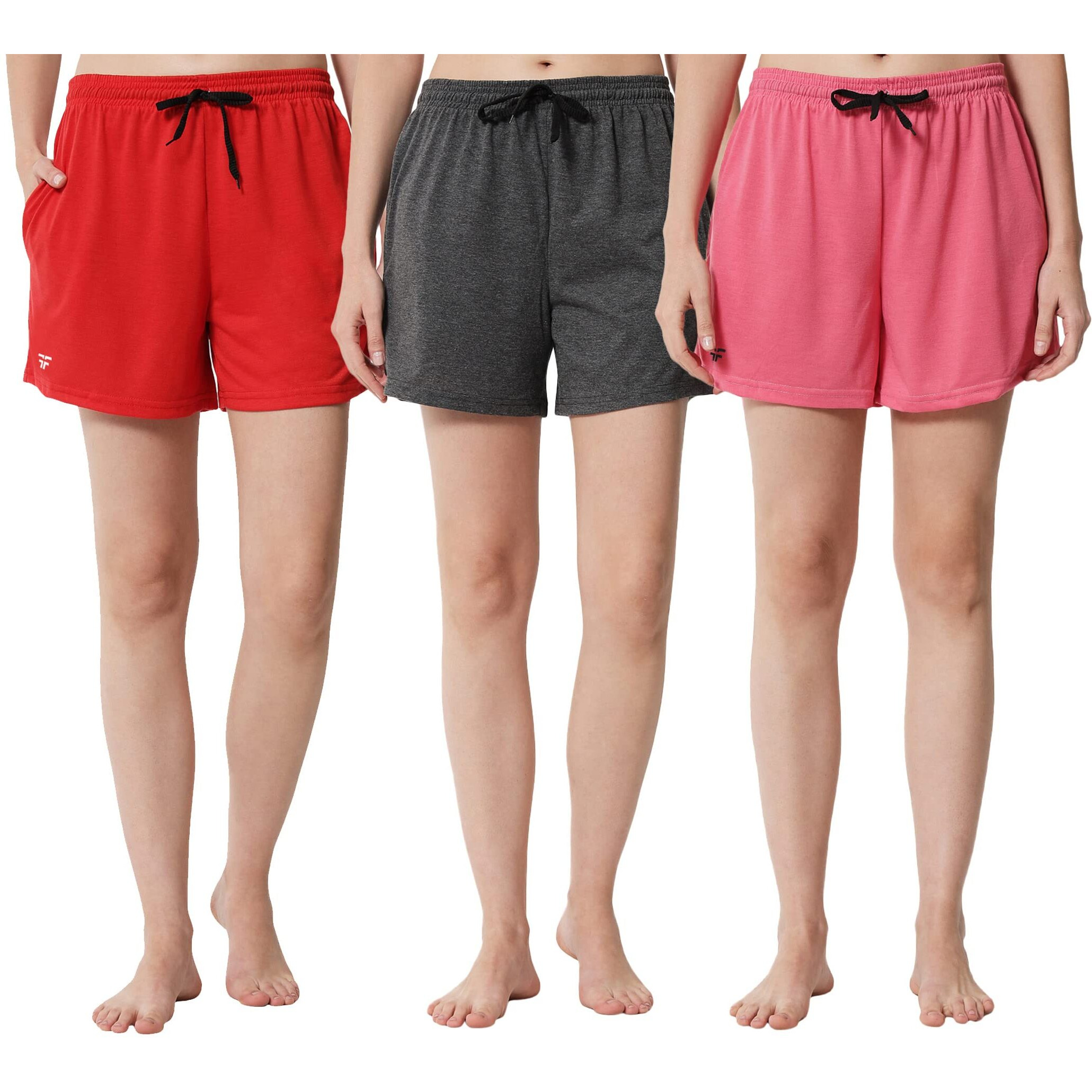 Fflirtygo Women's Shorts | Shorts For Women Short Pant For Women | Charcol Grey, Pink & Red Shorts | Women Shorts Night Wear | Sports Shorts For Woman Combo (Pack Of 3)
