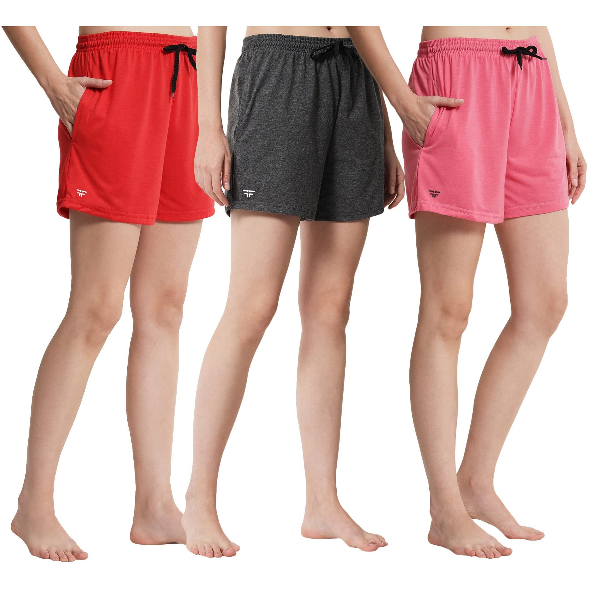 Fflirtygo Women's Shorts | Shorts For Women Short Pant For Women | Charcol Grey, Pink & Red Shorts | Women Shorts Night Wear | Sports Shorts For Woman Combo (Pack Of 3)