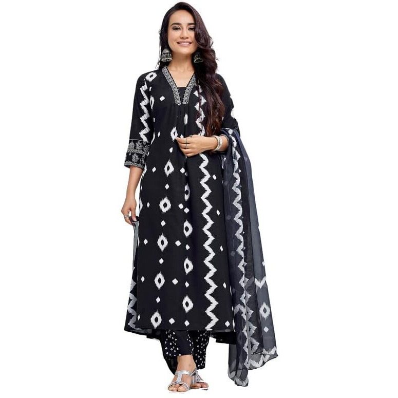 Royal Export Women's Viscose Ikat Print Embroidered Straight Kurta Pant With Dupatta (Rx151-Surbhiblck-Skd_Black_Xxl)