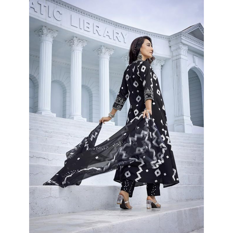 Royal Export Women's Viscose Ikat Print Embroidered Straight Kurta Pant With Dupatta (Rx151-Surbhiblck-Skd_Black_Xxl)