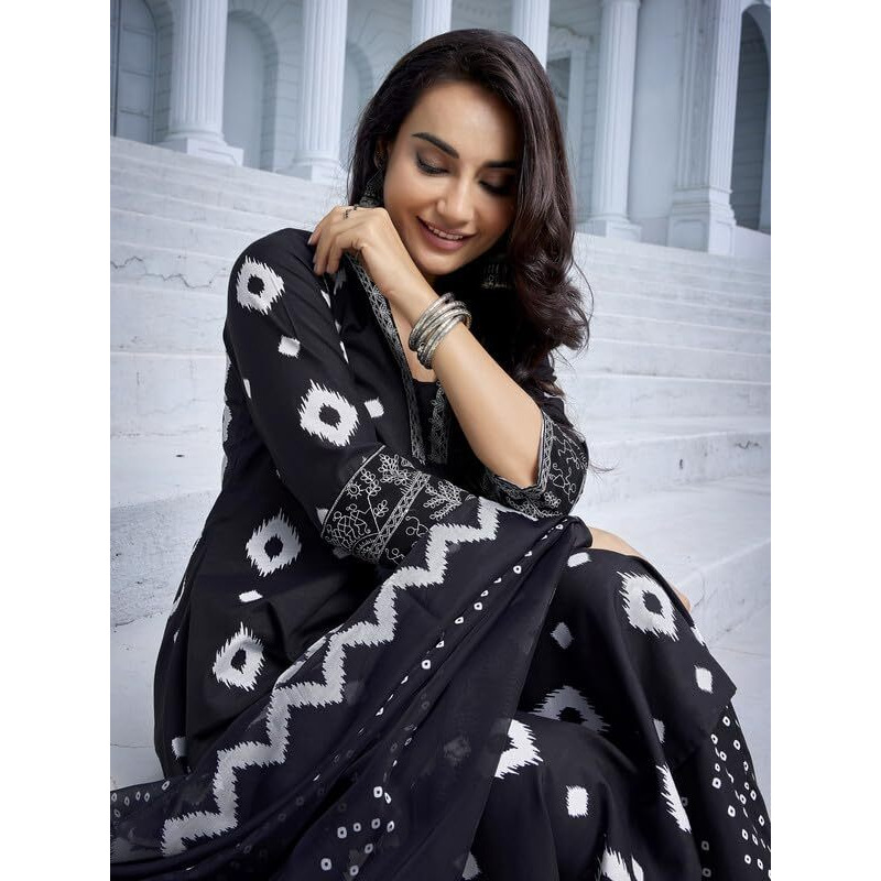 Royal Export Women's Viscose Ikat Print Embroidered Straight Kurta Pant With Dupatta (Rx151-Surbhiblck-Skd_Black_Xxl)