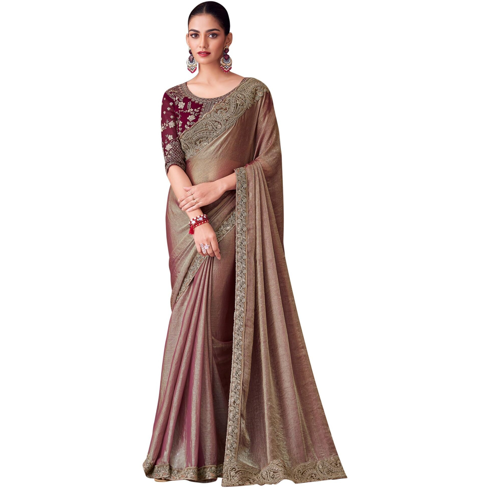 Akhilam Women's Burgundy Pure Chiffon Embroidered Saree With Unstitched Blouse (Silver30011_Tfh)