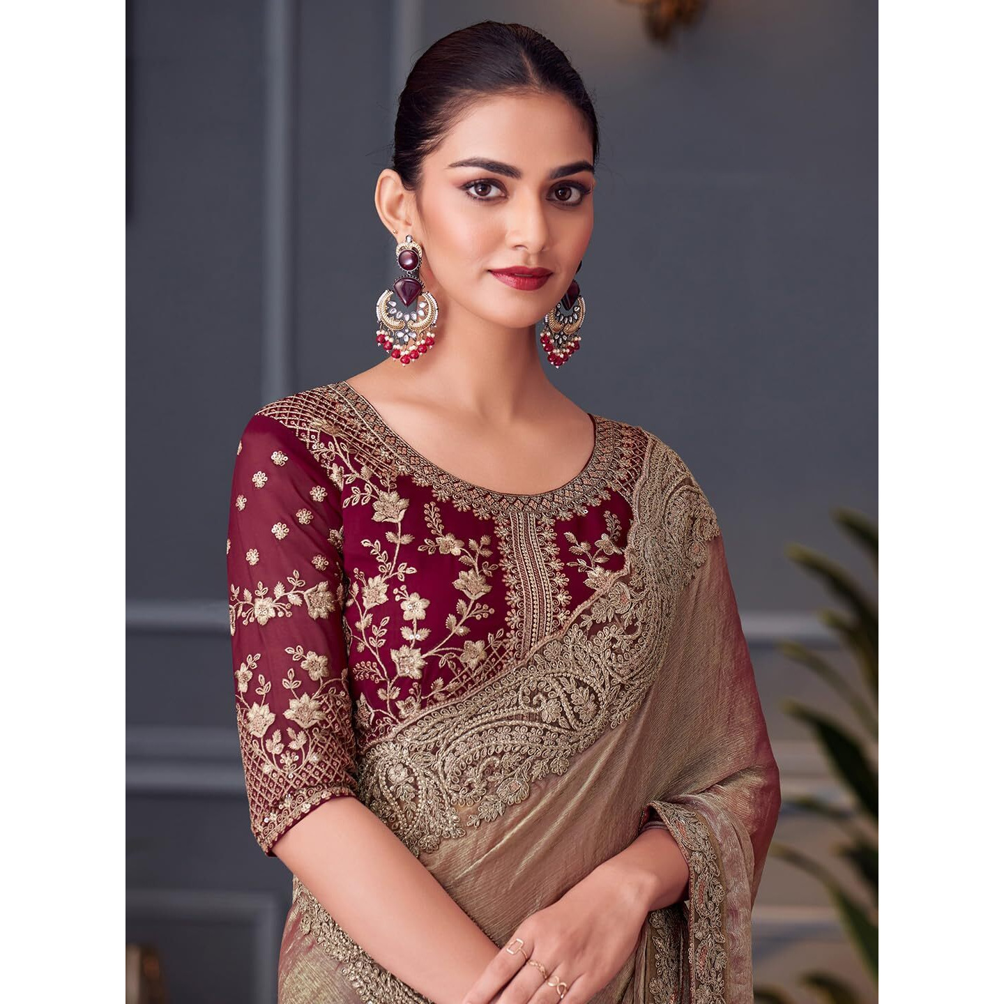 Akhilam Women's Burgundy Pure Chiffon Embroidered Saree With Unstitched Blouse (Silver30011_Tfh)