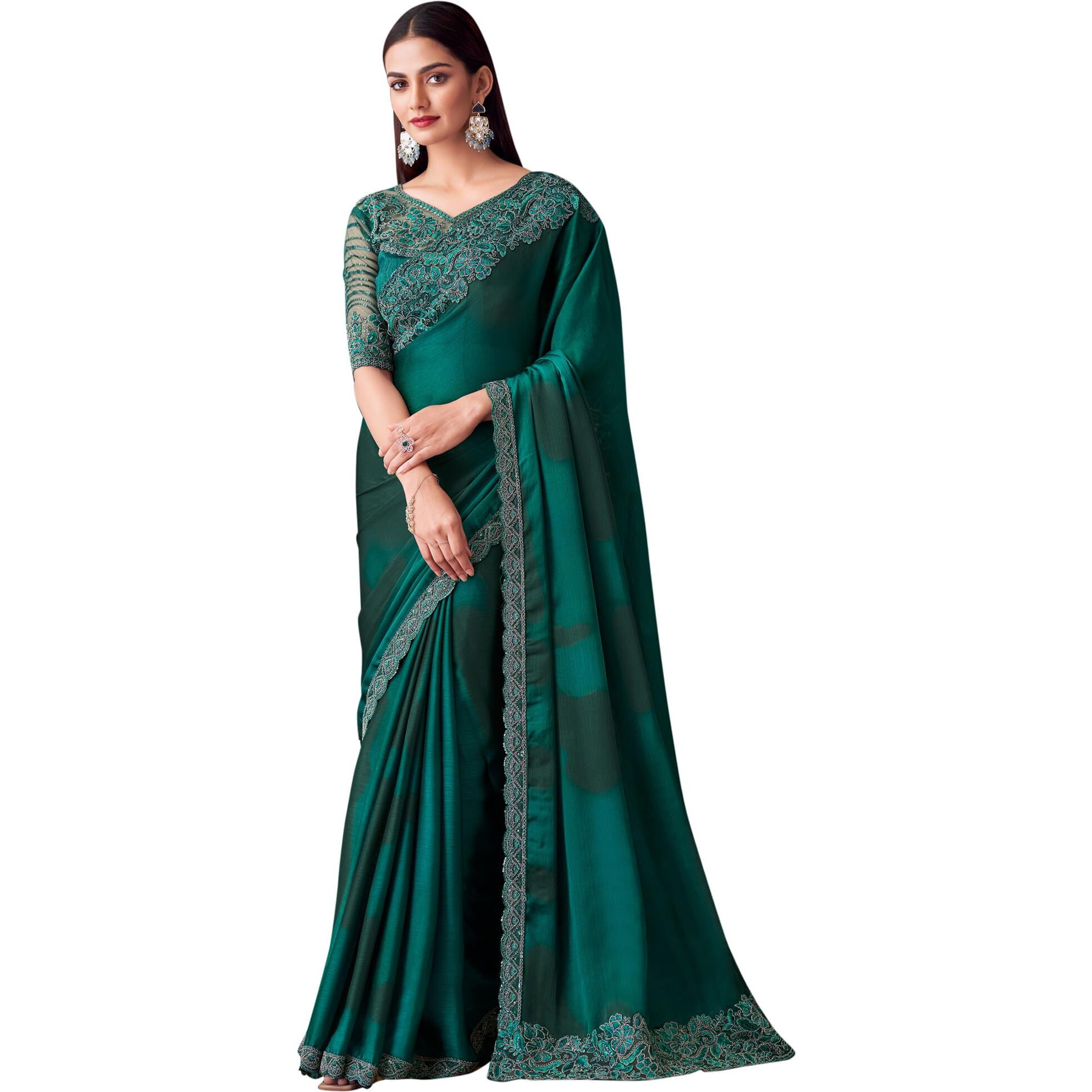 Akhilam Women's Teal Blue Satin Silk Embroidered Saree With Unstitched Blouse (Silver30013_Tfh)