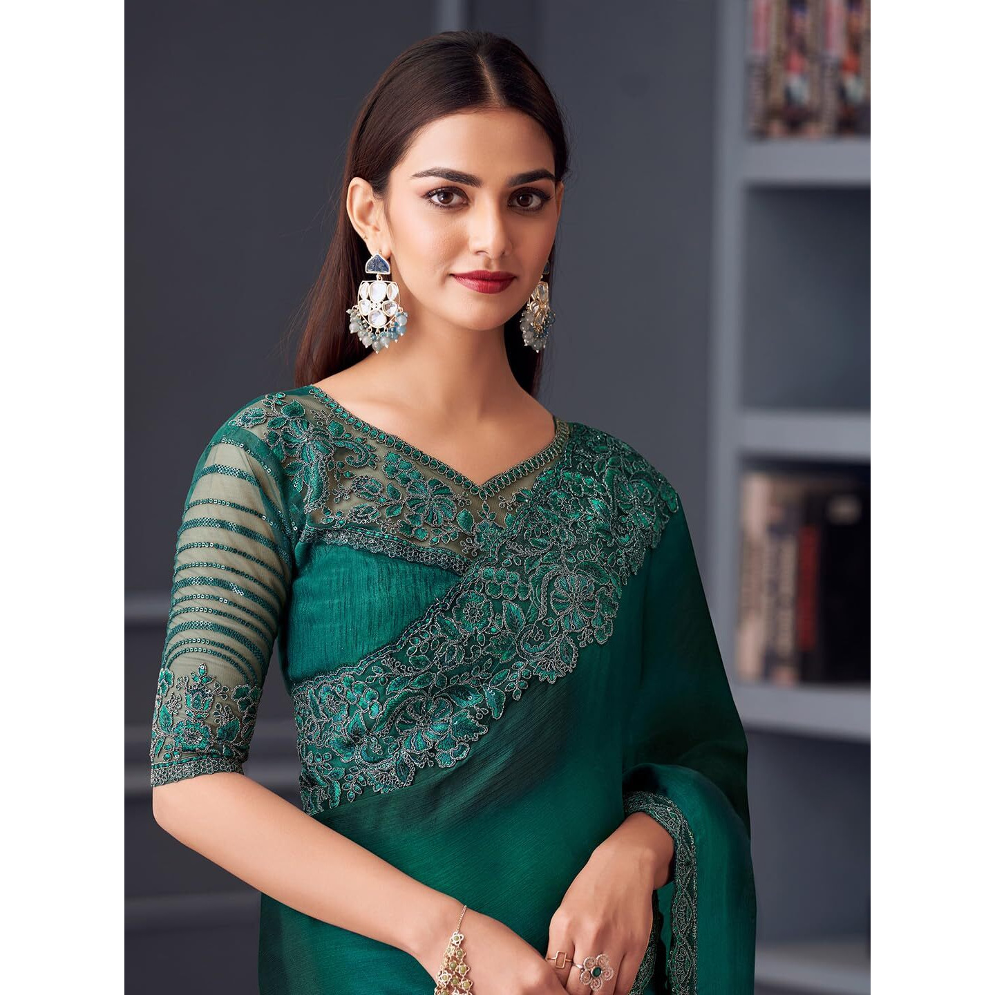 Akhilam Women's Teal Blue Satin Silk Embroidered Saree With Unstitched Blouse (Silver30013_Tfh)
