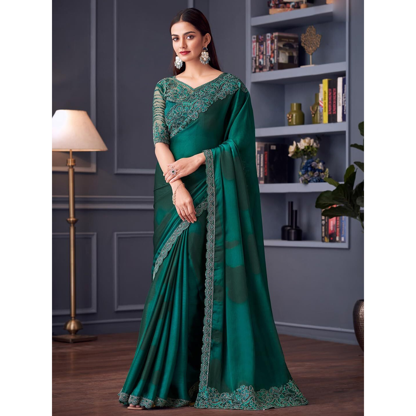 Akhilam Women's Teal Blue Satin Silk Embroidered Saree With Unstitched Blouse (Silver30013_Tfh)
