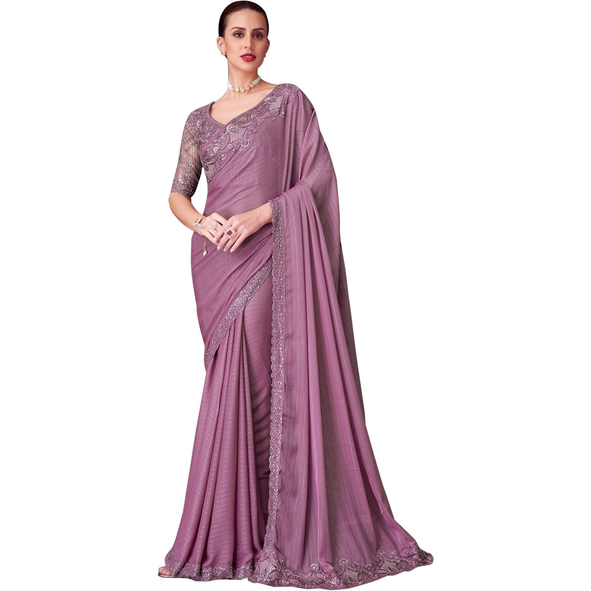Akhilam Women's Mauve Pure Georgette Embroidered Saree With Unstitched Blouse (Silver30014_Tfh)