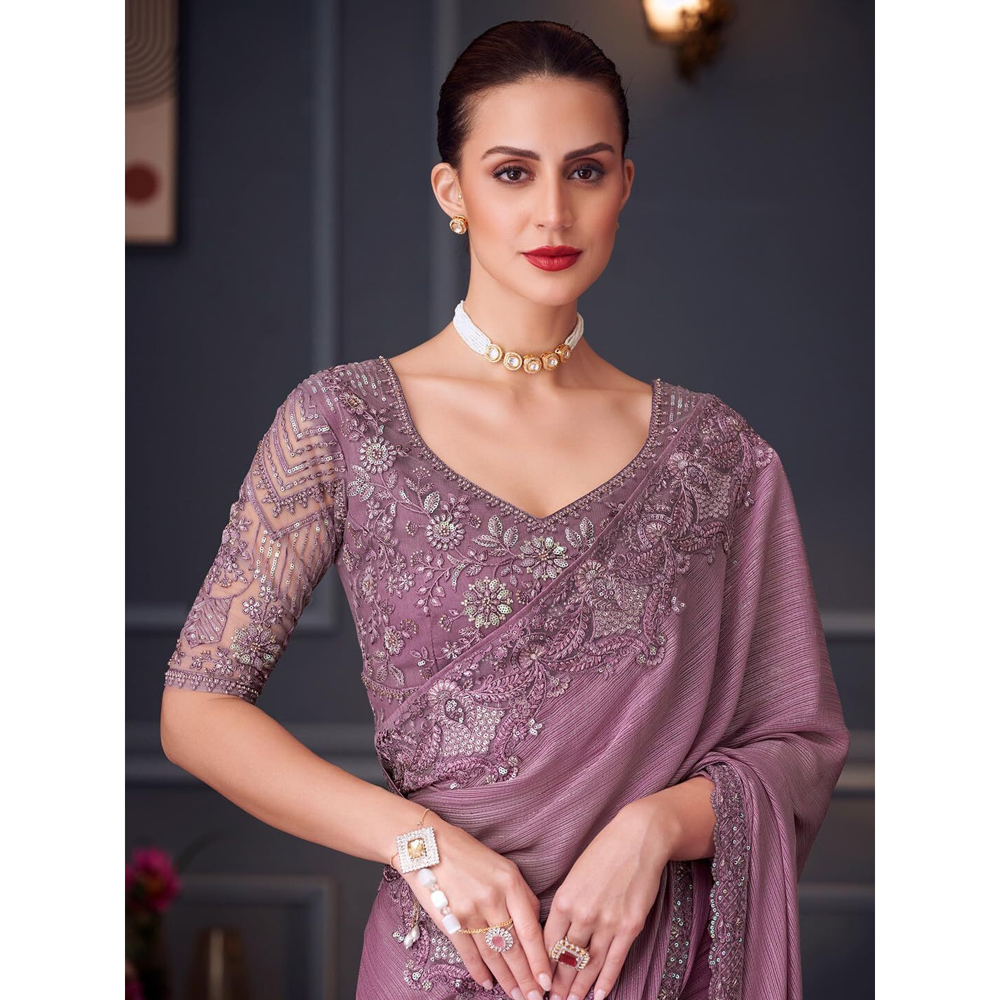Akhilam Women's Mauve Pure Georgette Embroidered Saree With Unstitched Blouse (Silver30014_Tfh)