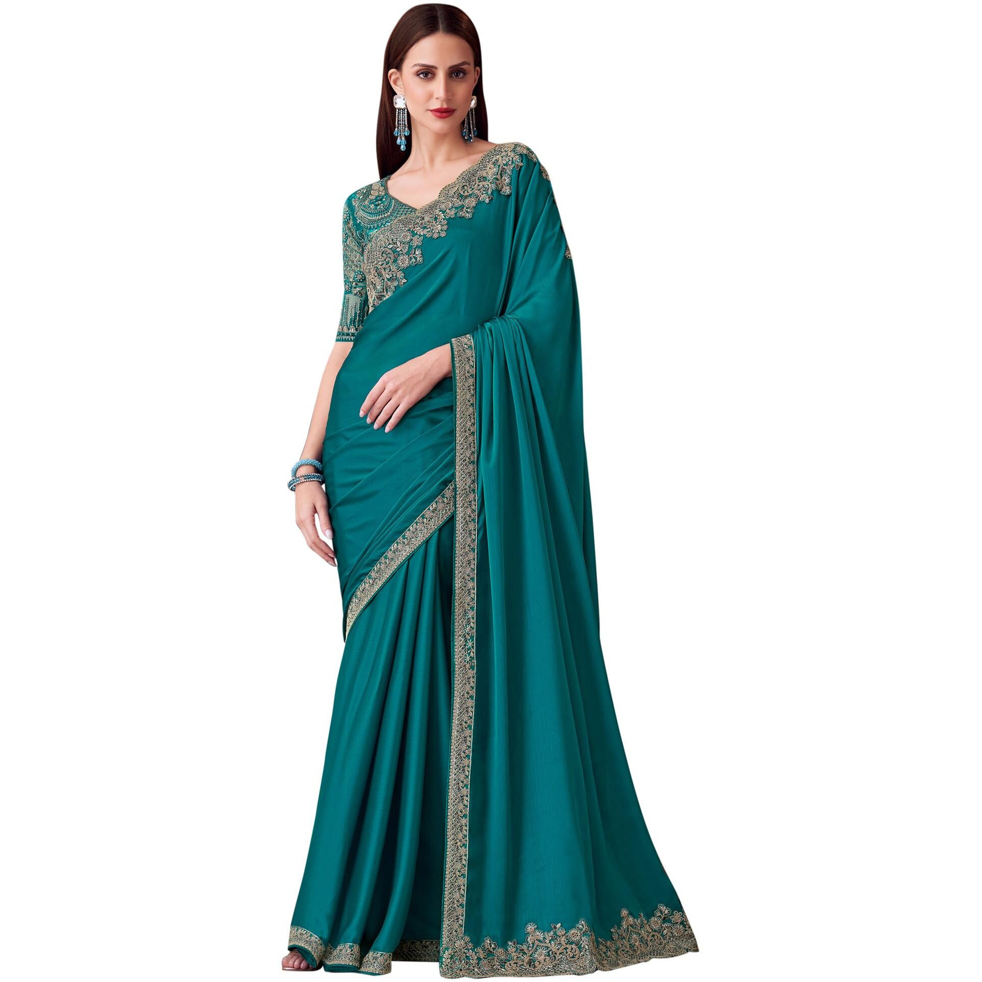 Akhilam Women's Blue Pure Chiffon Embroidered Saree With Unstitched Blouse (Silver30002_Tfh)