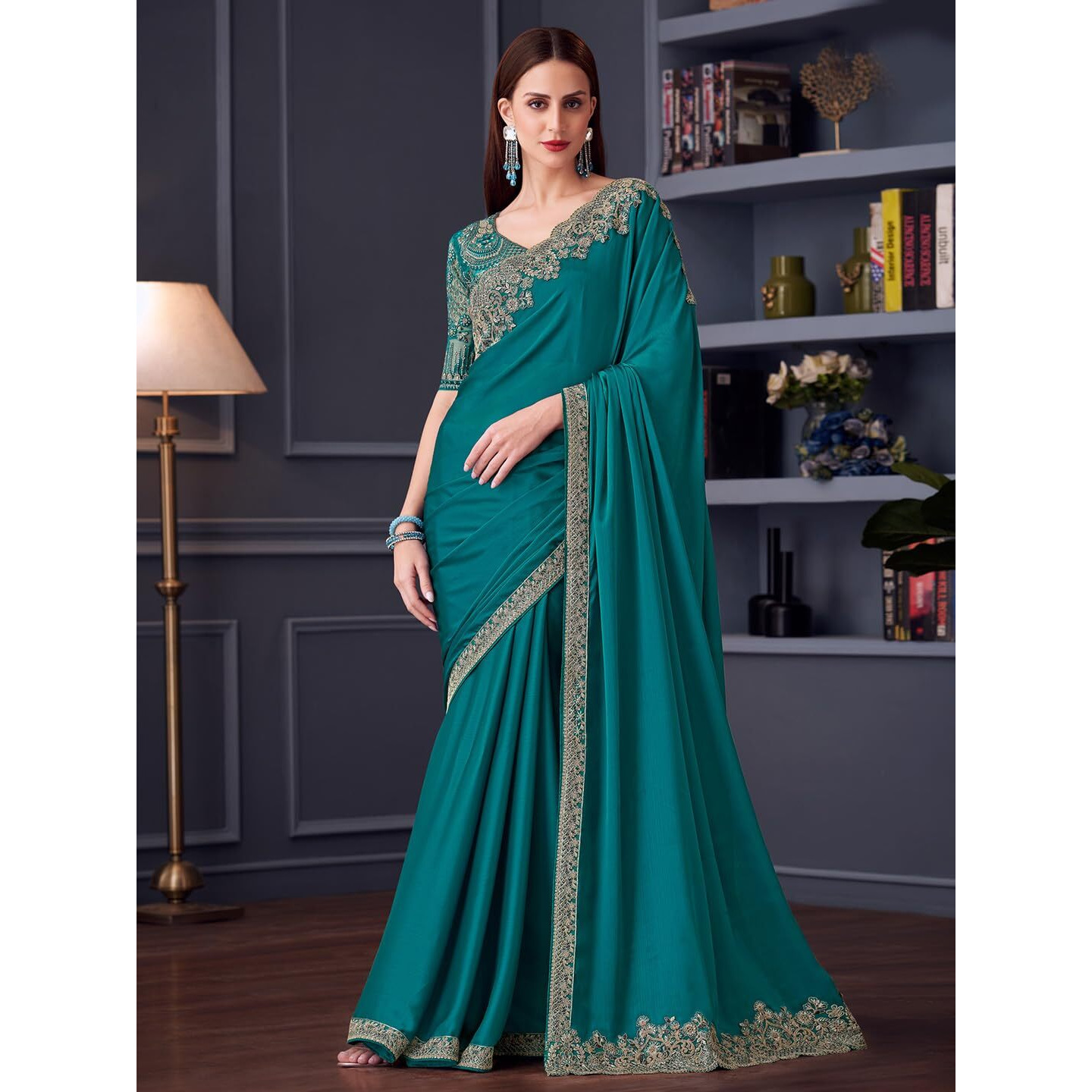 Akhilam Women's Blue Pure Chiffon Embroidered Saree With Unstitched Blouse (Silver30002_Tfh)