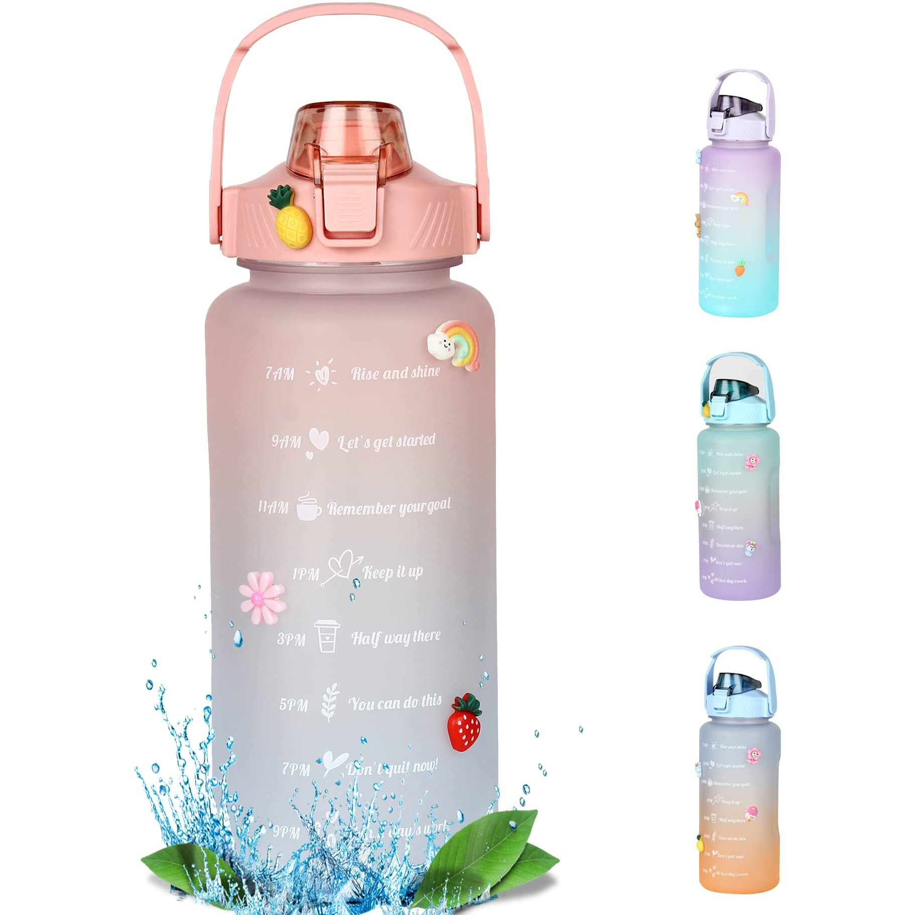House Of Quirk 2 Litre 3D Sticker Water Bottle With Straw, Unbreakable Sports Water Bottles With Handle, Leak Proof Drinks Bottle Bpa Free For Gym Fitness Outdoor Sports - Pink/Blue |Plastic