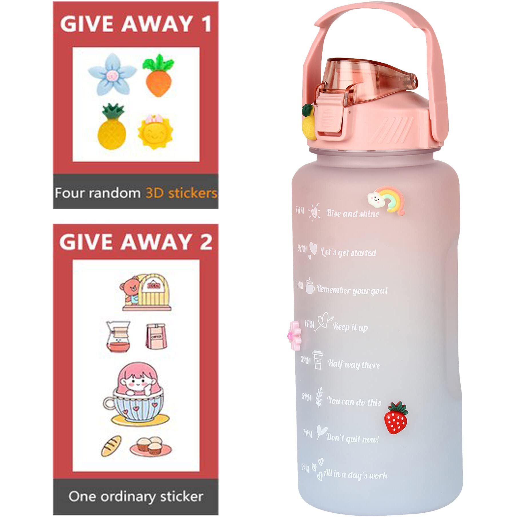 House Of Quirk 2 Litre 3D Sticker Water Bottle With Straw, Unbreakable Sports Water Bottles With Handle, Leak Proof Drinks Bottle Bpa Free For Gym Fitness Outdoor Sports - Pink/Blue |Plastic