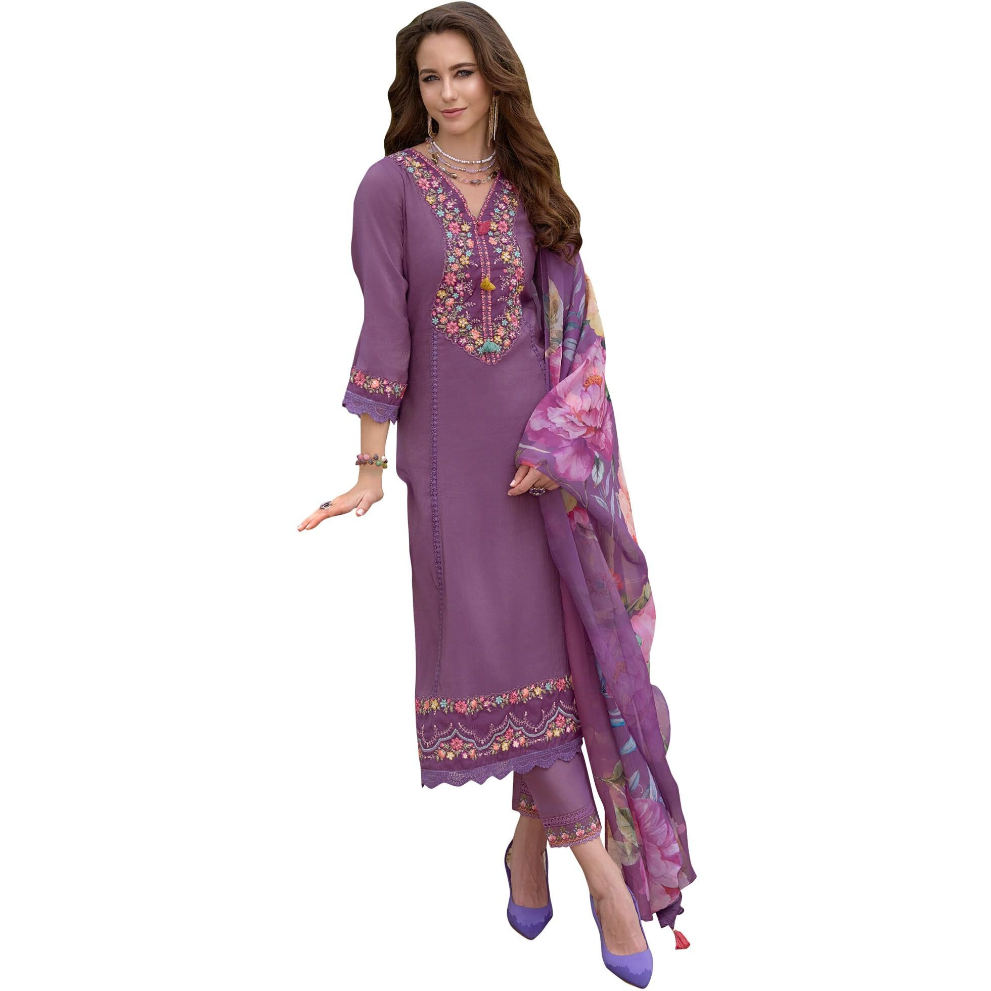 Indo Era Women's Purple Silk Blend Embroidered A-Line Kurta And Pant With Dupatta Set (Ieout6676_X-Large)