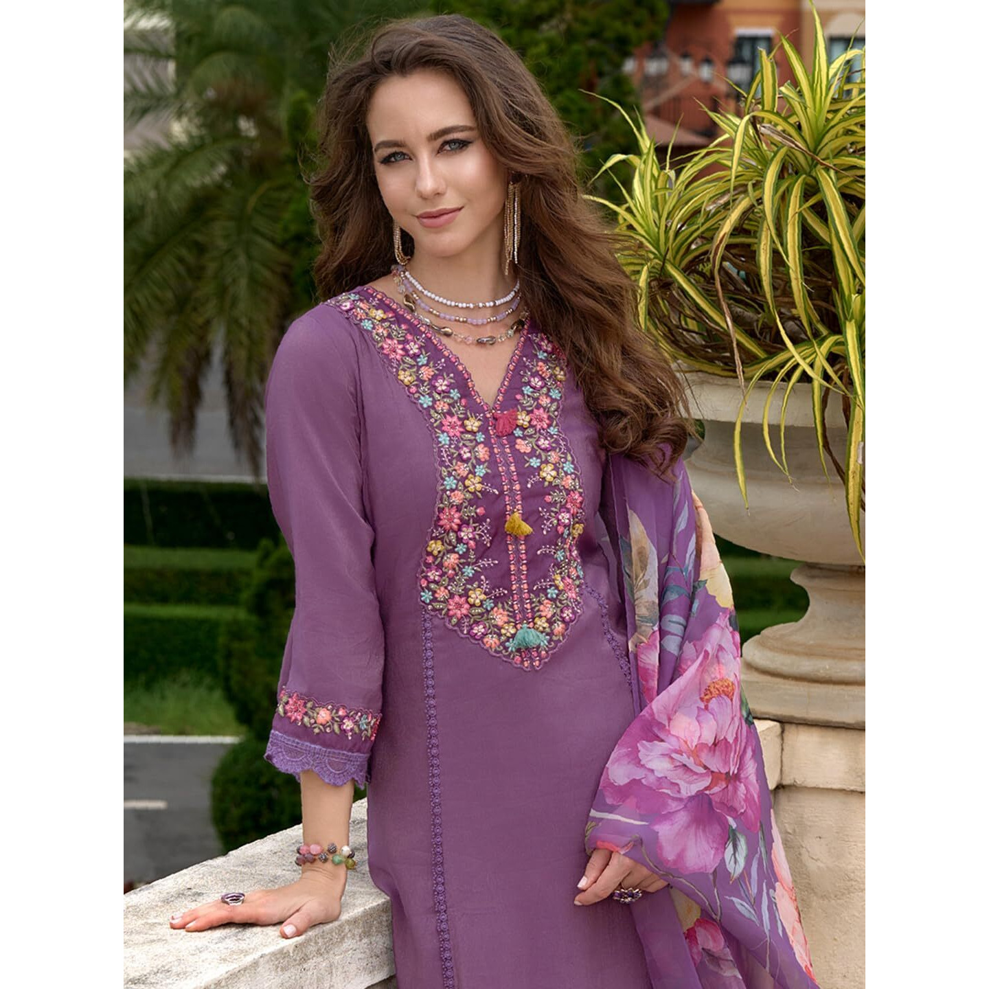 Indo Era Women's Purple Silk Blend Embroidered A-Line Kurta And Pant With Dupatta Set (Ieout6676_X-Large)