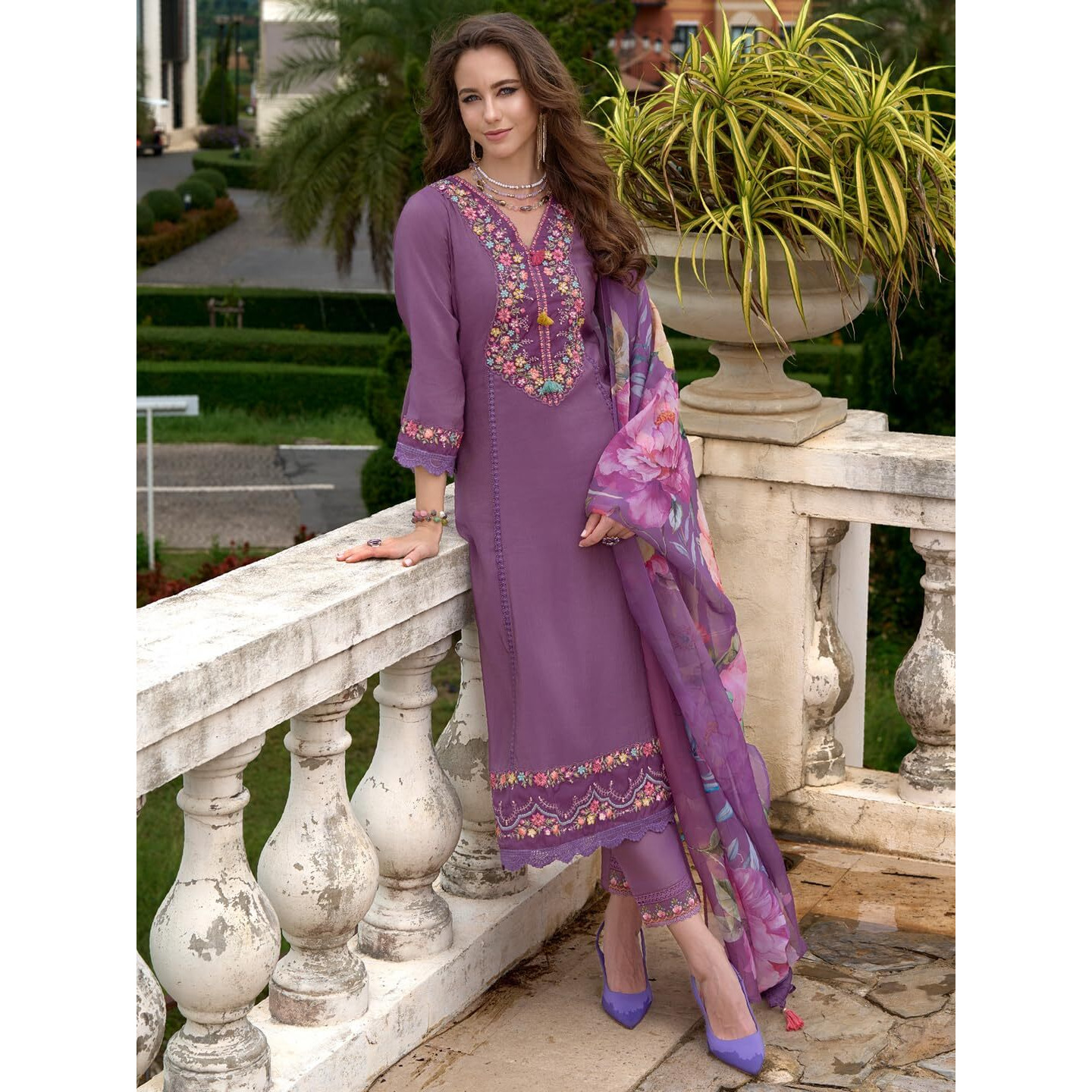 Indo Era Women's Purple Silk Blend Embroidered A-Line Kurta And Pant With Dupatta Set (Ieout6676_X-Large)