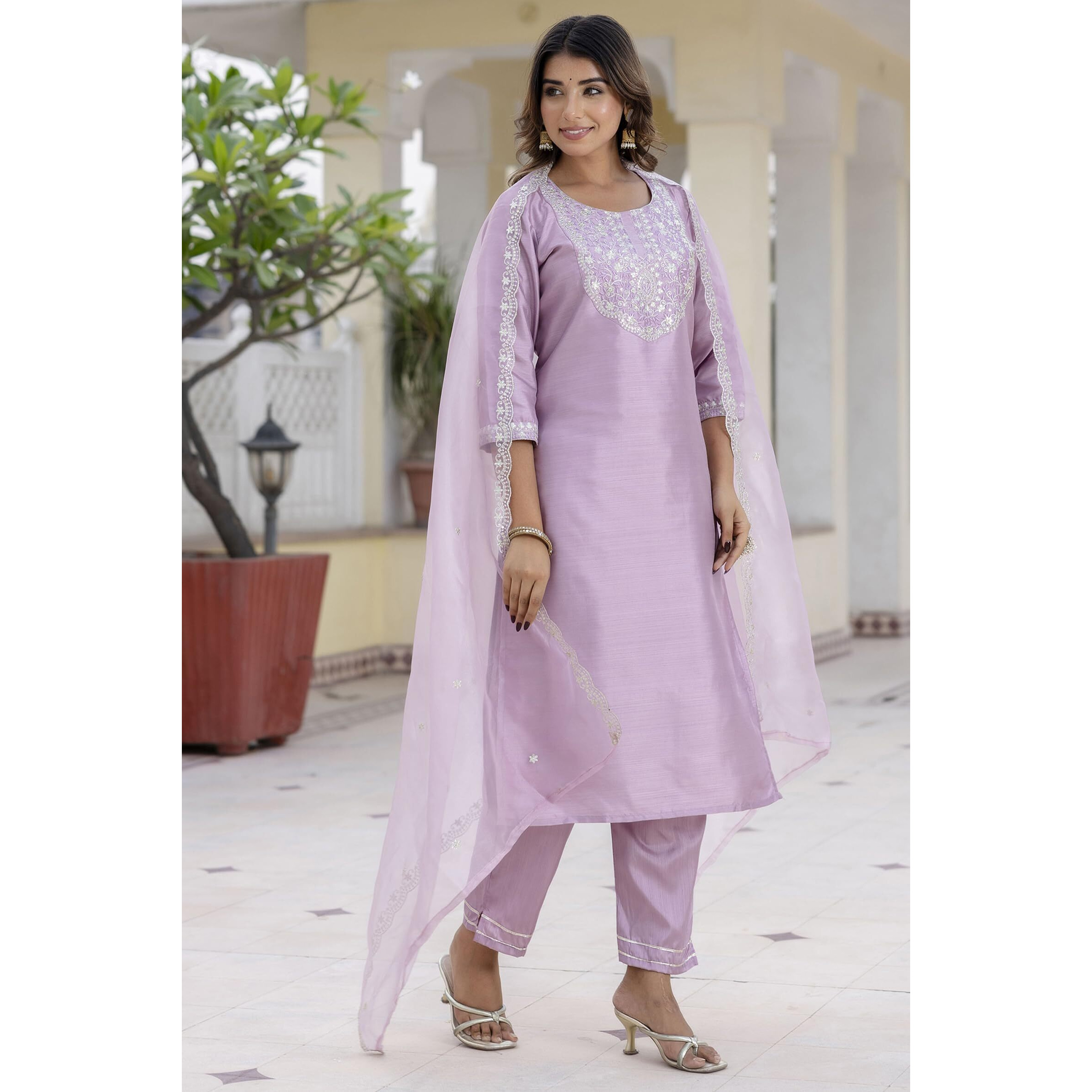 Vredevogel Women's Silk Blend Embroidered Kurta With Pant & Dupatta Set (Lavender_Medium)