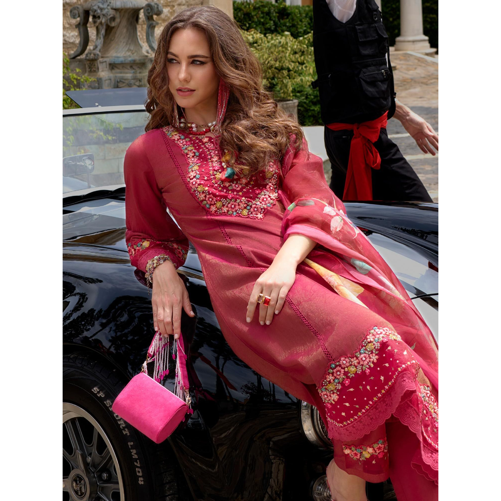 Indo Era Women's Pink Silk Blend Embroidered A-Line Kurta & Pant With Dupatta Suit Set (Ieout6678_Xx-Large)