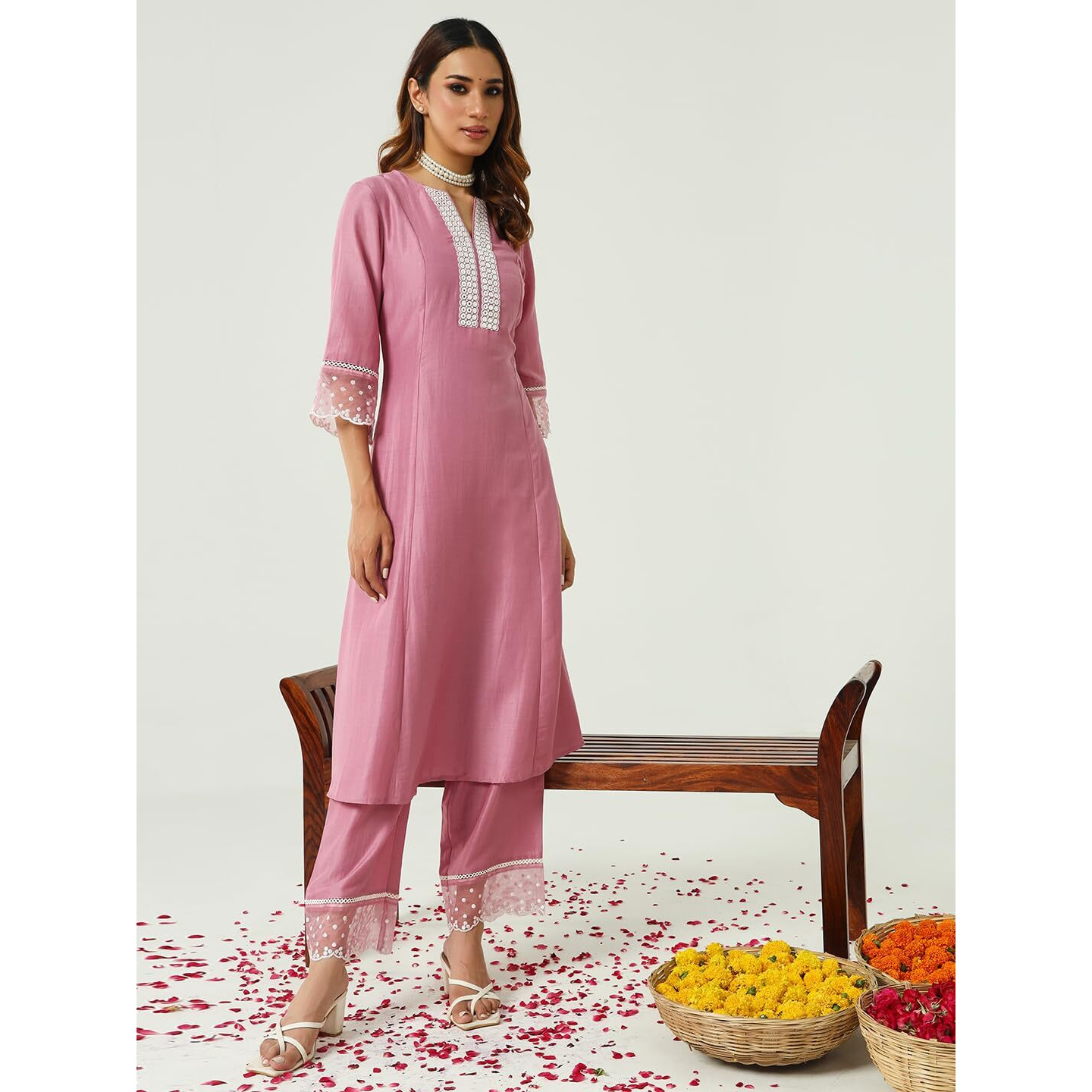 Fiorra Women's Pink Silk Blend Flared Kurta And Palazzo With Embroidered Dupatta Set0157
