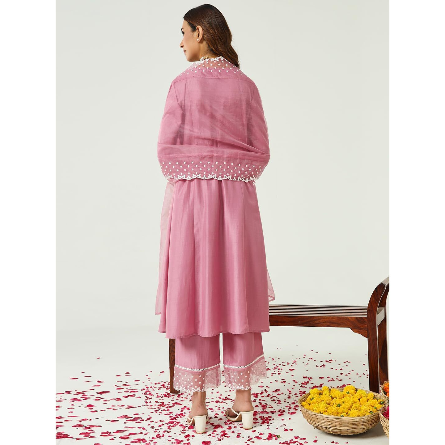 Fiorra Women's Pink Silk Blend Flared Kurta And Palazzo With Embroidered Dupatta Set0157