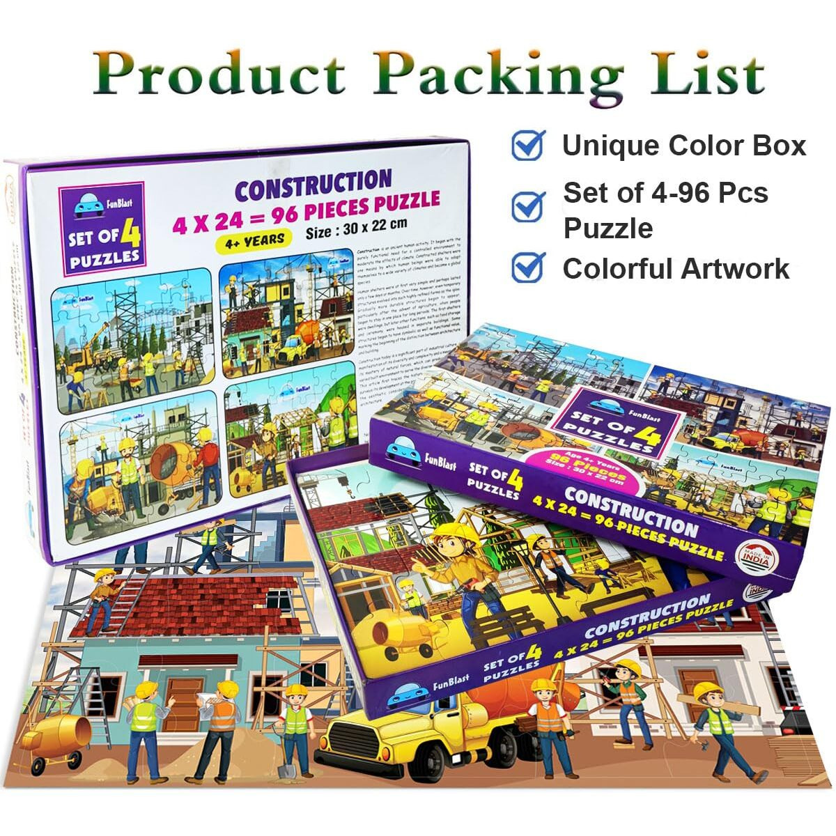 Funblast Jigsaw Puzzles For Kids, Building Construction Jigsaw Puzzles For Kids, Learning & Educational Jigsaw Puzzle Toys, Floor Puzzle For Children, Set Of 4-96 Pcs Puzzle (Multicolour)