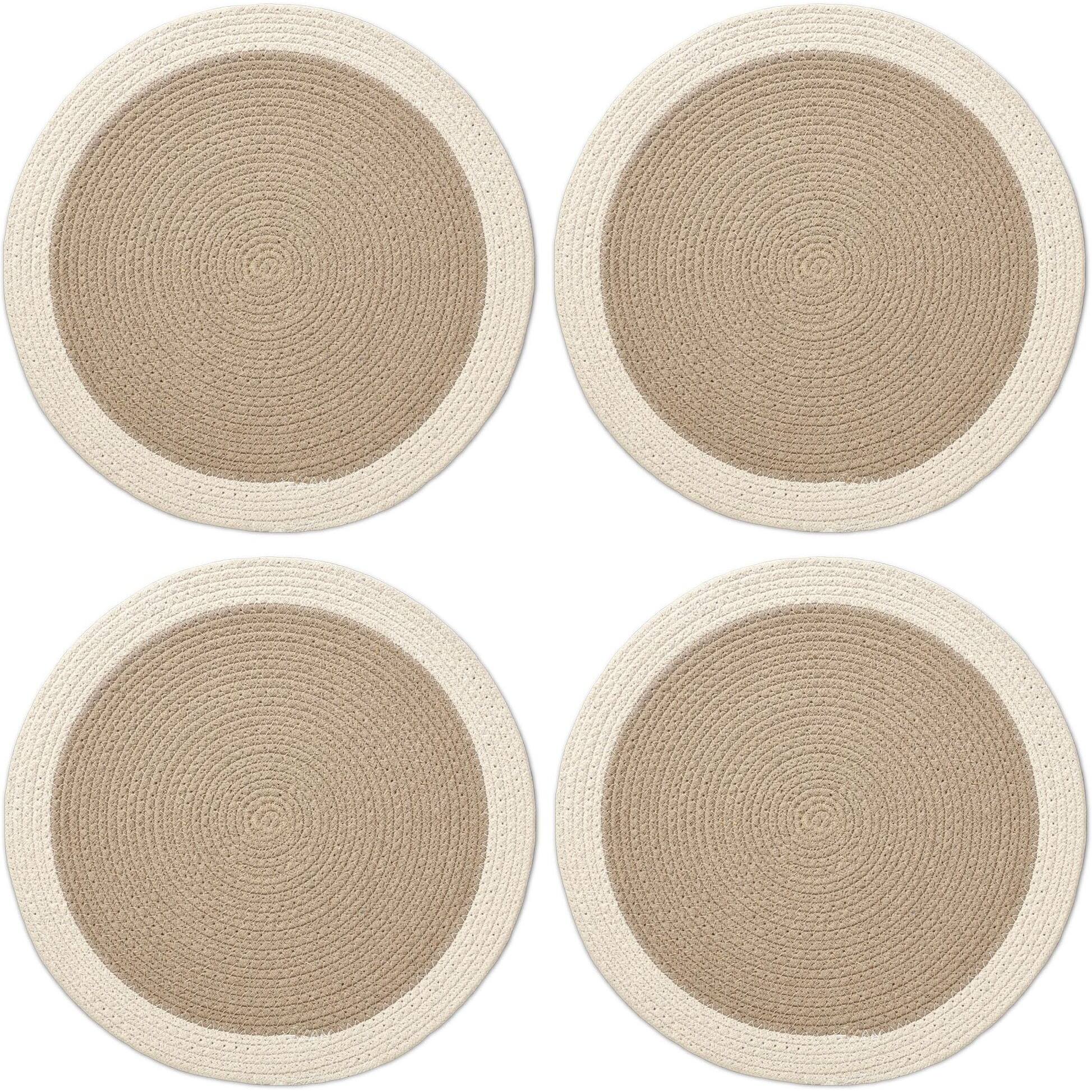 Encasa Xo Dining Table Mats Set Of 4 | Cotton Round Placemat - 35 Cm Diameter | Beige & Off White | Handmade Rib Style